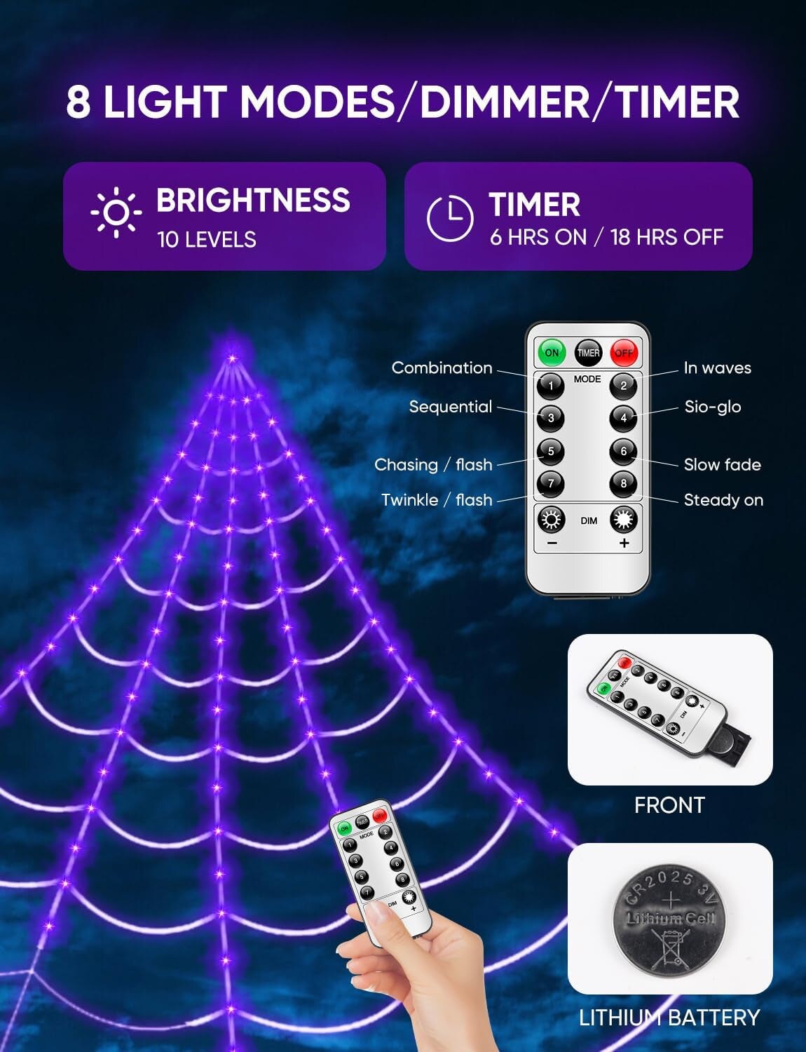 Spider Webs Halloween Decorations Lights - 250 Leds 16.4Ft Outdoor Battery Operated String Purple Halloween Lights with 8 Modes Remote Control Spiderweb,60&#x22; Large Spider,Waterproof (Purple)