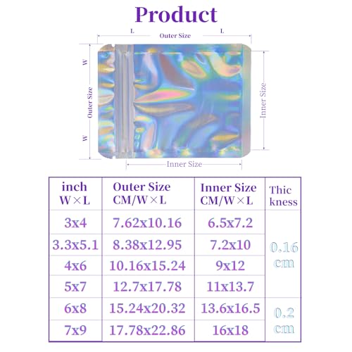 100 Pieces Holographic Bags, 6 x 8&#x22; Resealable Smell Proof Bags Resealable Bags for Packaging Ziplock Pouches Bags for Lip Gloss Packaging Mylar Bags for Party Favor Food Storage (6x8 Inch)