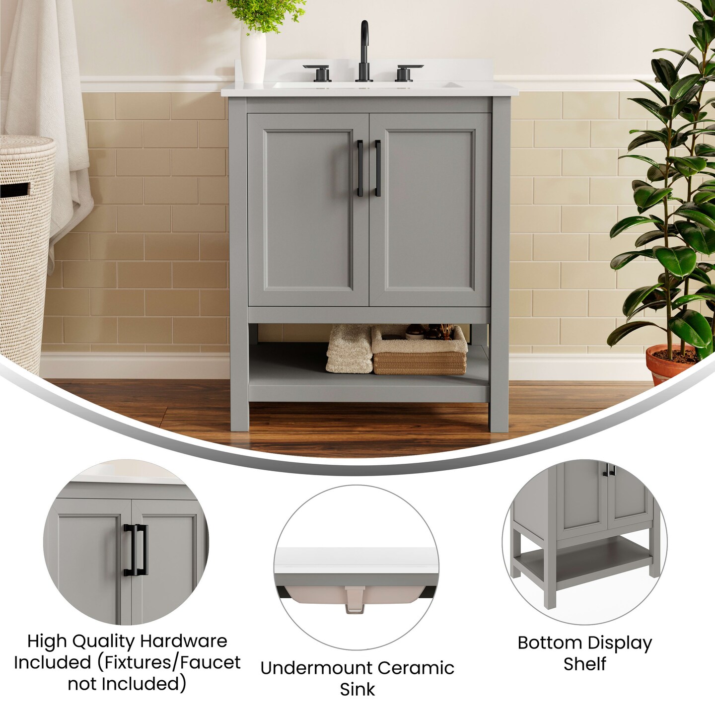 Merrick Lane Vigo Bathroom Vanity with Ceramic Sink, Carrara Marble Finish Countertop, Storage Cabinet with Soft Close Doors and Open Shelf