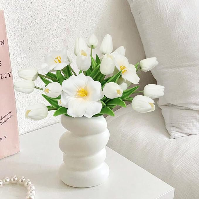 White Tulips Artificial Flowers 15 Pcs Fake Faux Tulips Real Touch Tulip Flowers with Stems Easter Spring Flowers for Arrangements Bouquet Wedding Mother's Day Home Centerpieces Table Decor