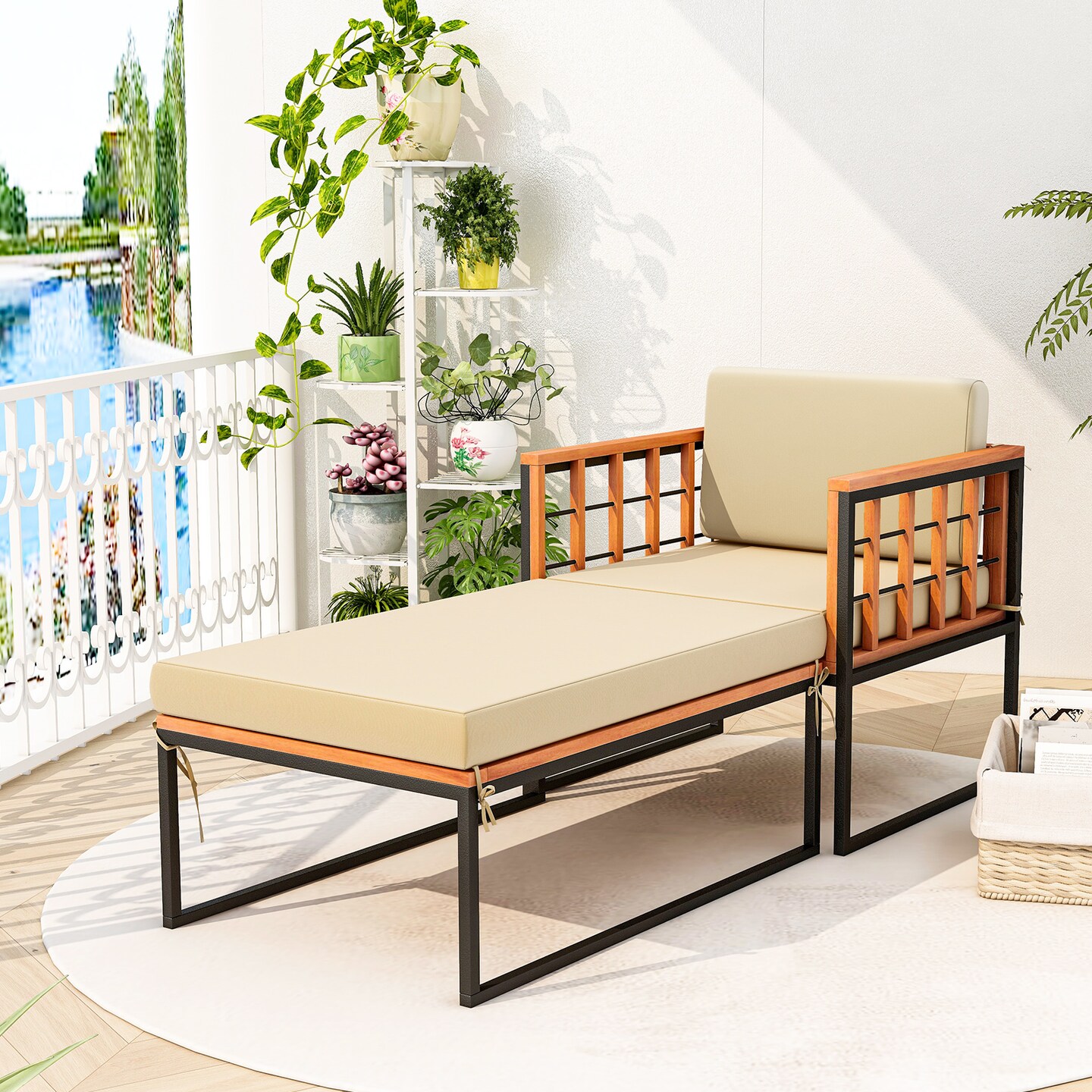 Outdoor Acacia Wood Armchair with Ottoman and Soft Seat Back Cushions