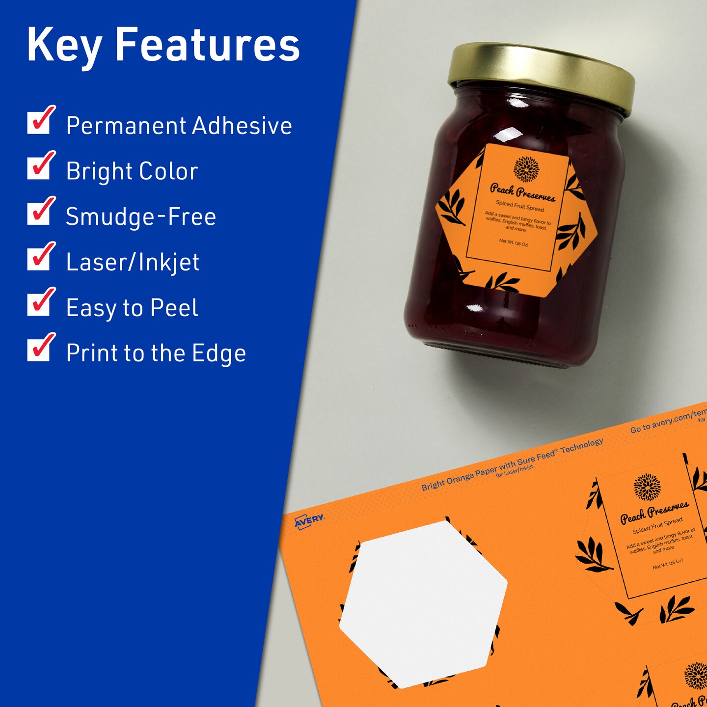 Avery Bright Orange Paper Labels, 2-1/2&#x22; x 2-57/64&#x22; Hexagon
