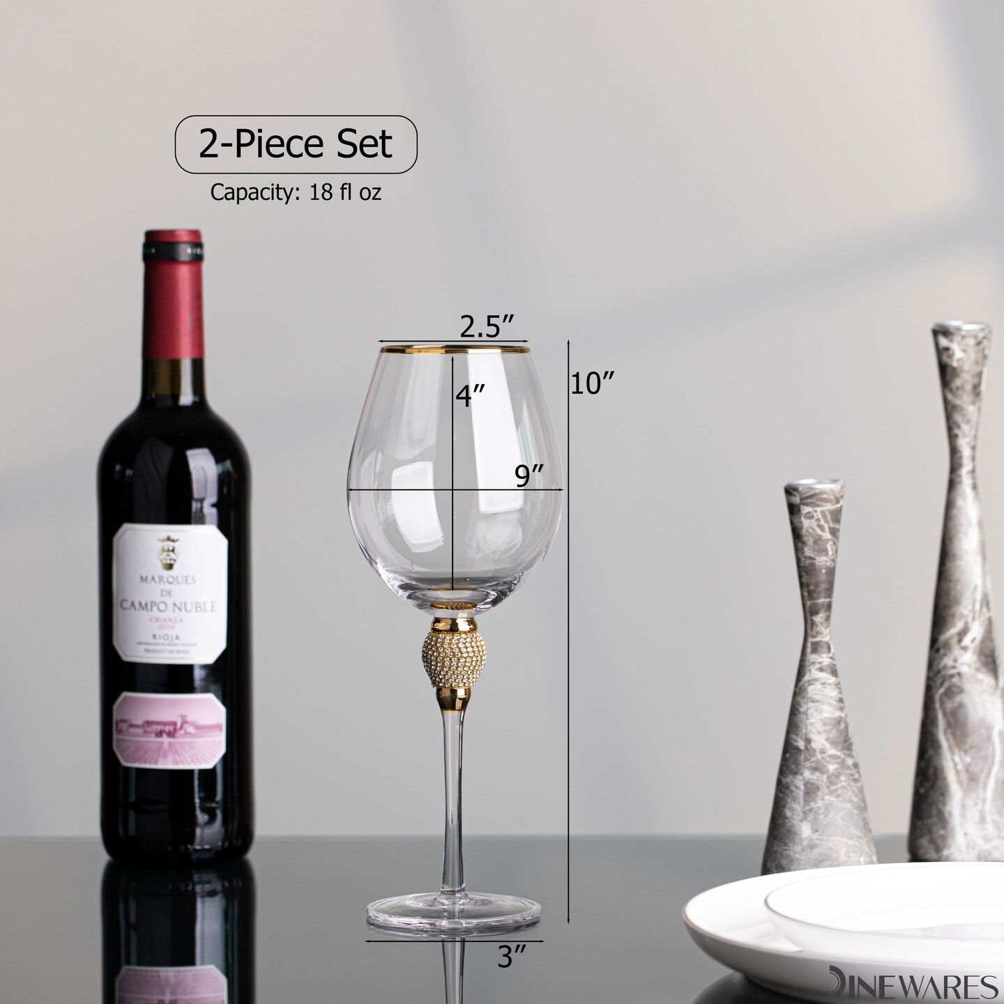 Rimmed Red Wine Glasses with Diamond Rhinestone Accent - 18 oz, 10 Inches Tall - Perfect Toasting Glasses for Bride and Groom, Great for Party, Wedding Anniversary and Special Occasion
