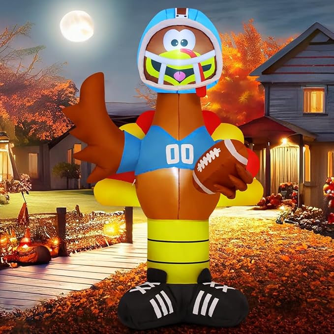 GOOSH 6 FT Thanksgiving lnflatable Turkey Blow Up Yarda Turkey with a Rugby with Built-in LEDs