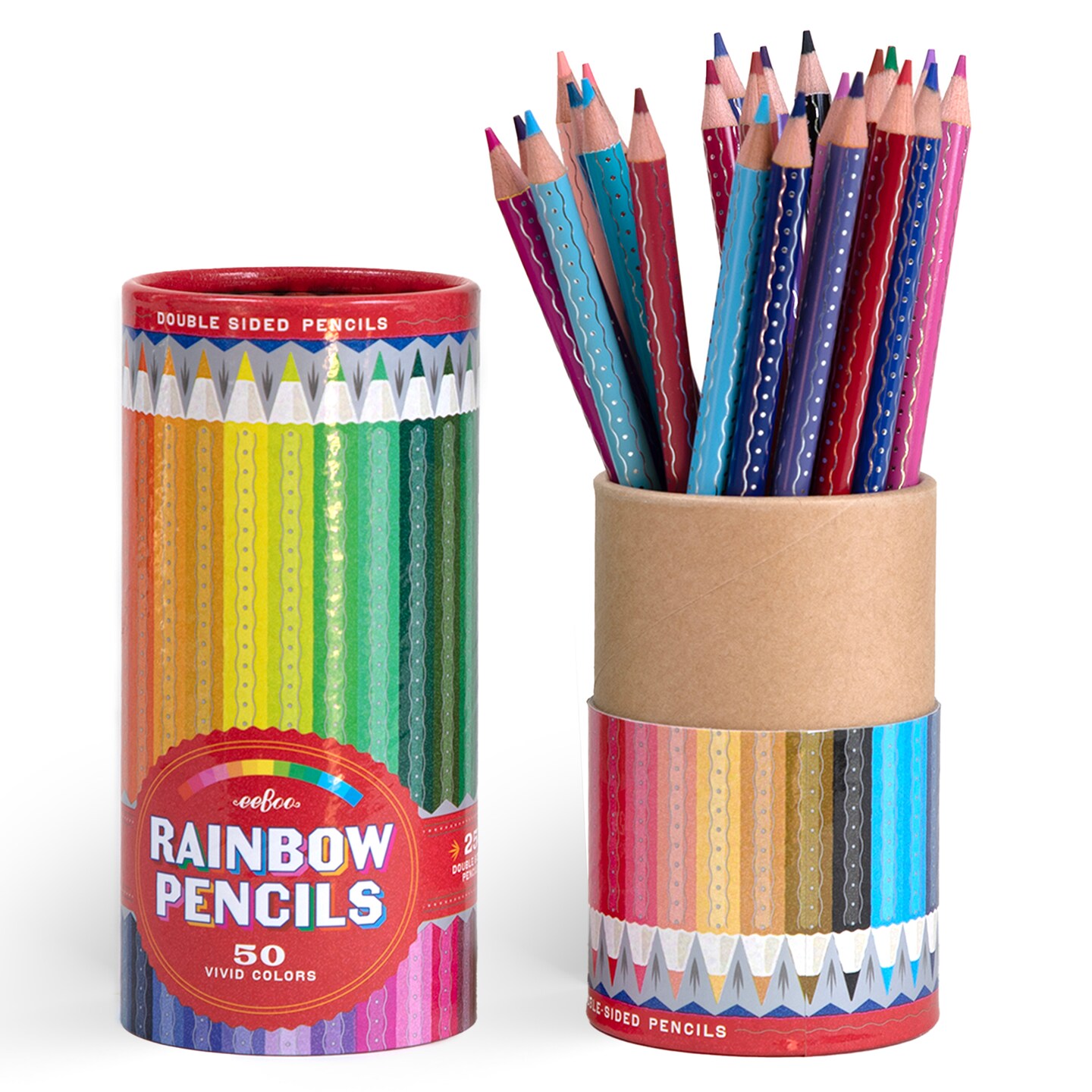 eeBoo: 25 Double-Sided Colored Pencils - Rainbow - 50 Vivid Colors, Stunning Canister, Silver Foil Accents, Artist Quality, Non-Toxic Art Supplies