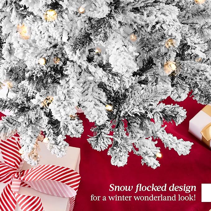 Snow Flocked Christmas Tree Full Pine with 250 White & Multicolor LED Lights, 928 Tips & Foot Switch Control