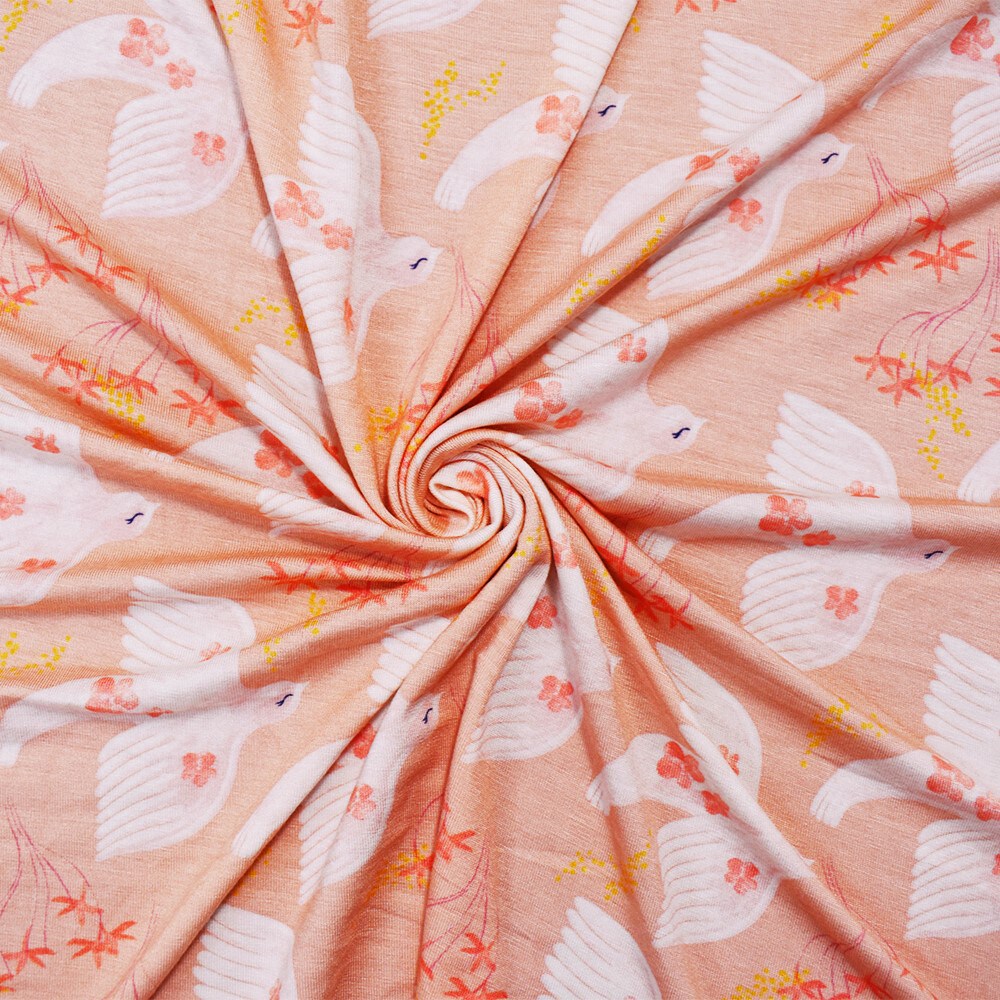 Peach-Multi Rayon Modal Bird Flower Print Stretch Spandex Jersey Knit Fabric By the Yard