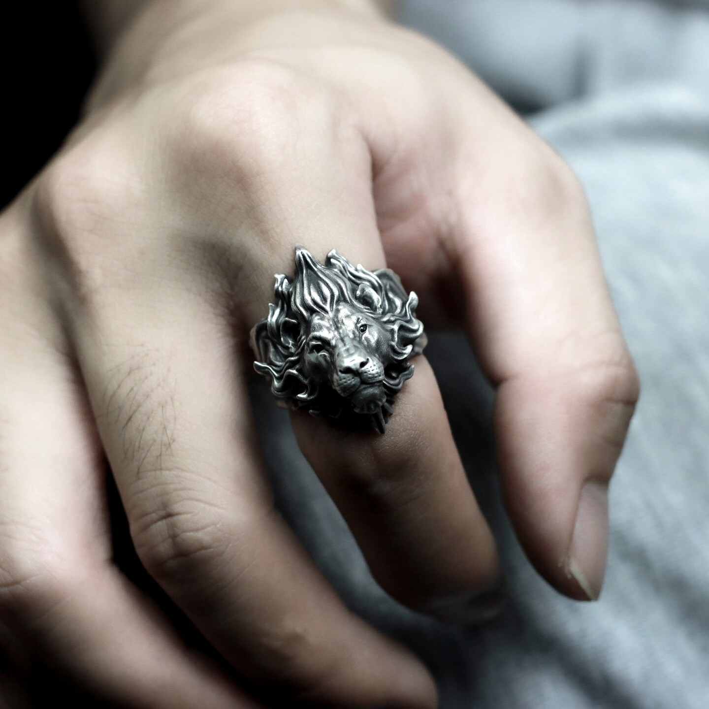 Green Eyed Lion 925 Silver Ring - Gemstone Lion Ring - Lifelike