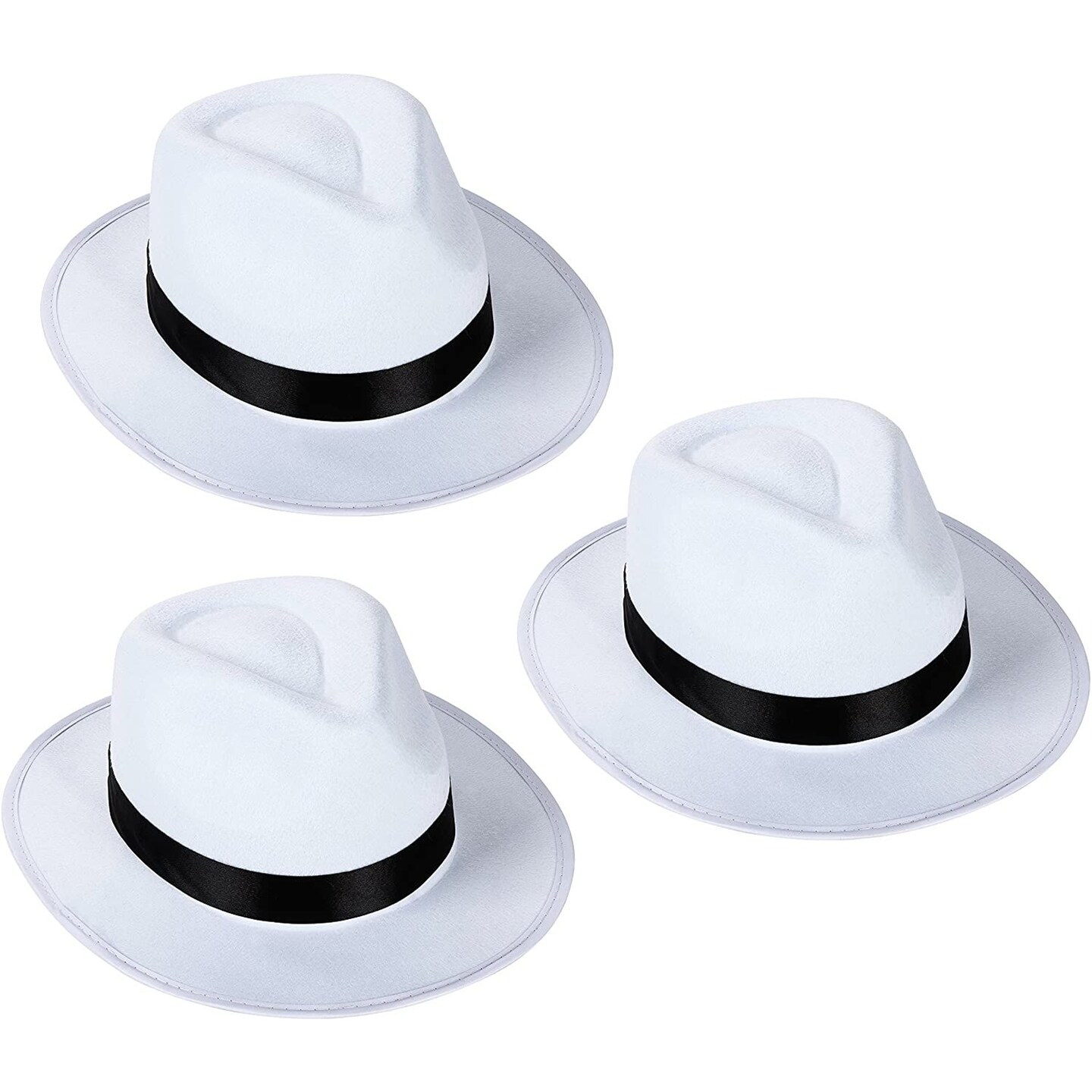 3-Pack Classic White Felt Fedora Hats, 20s Gangster Halloween Costume, 1920&#x27;s Roaring Great Gatsby Themed Party Accessory