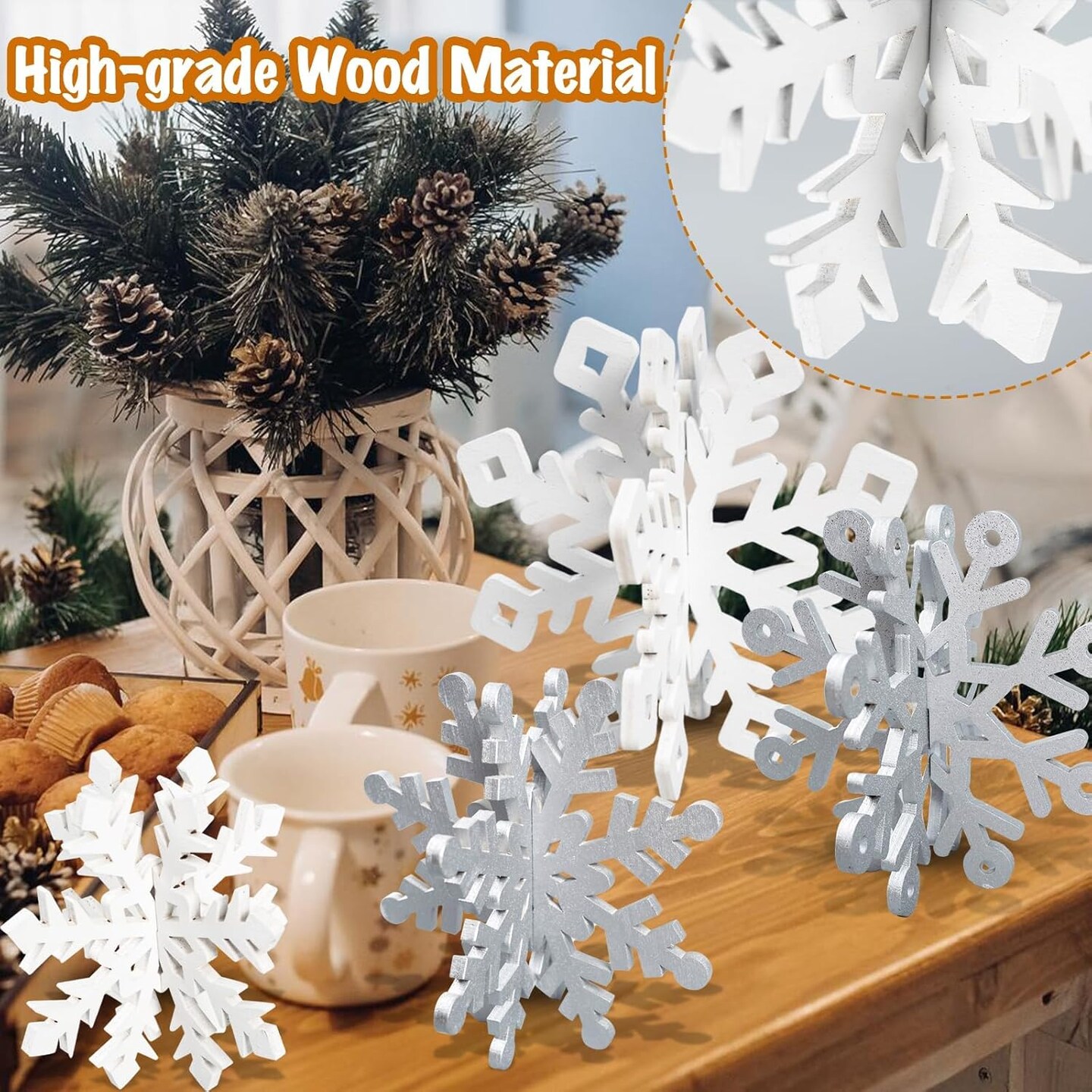Winter Christmas Centerpiece Table Decorations - 12pcs Wooden Snowflakes Decor 3D Silver White Snowflake Tabletop Decor for Xmas Holiday Tiered Tray Winter Farmhouse Decor