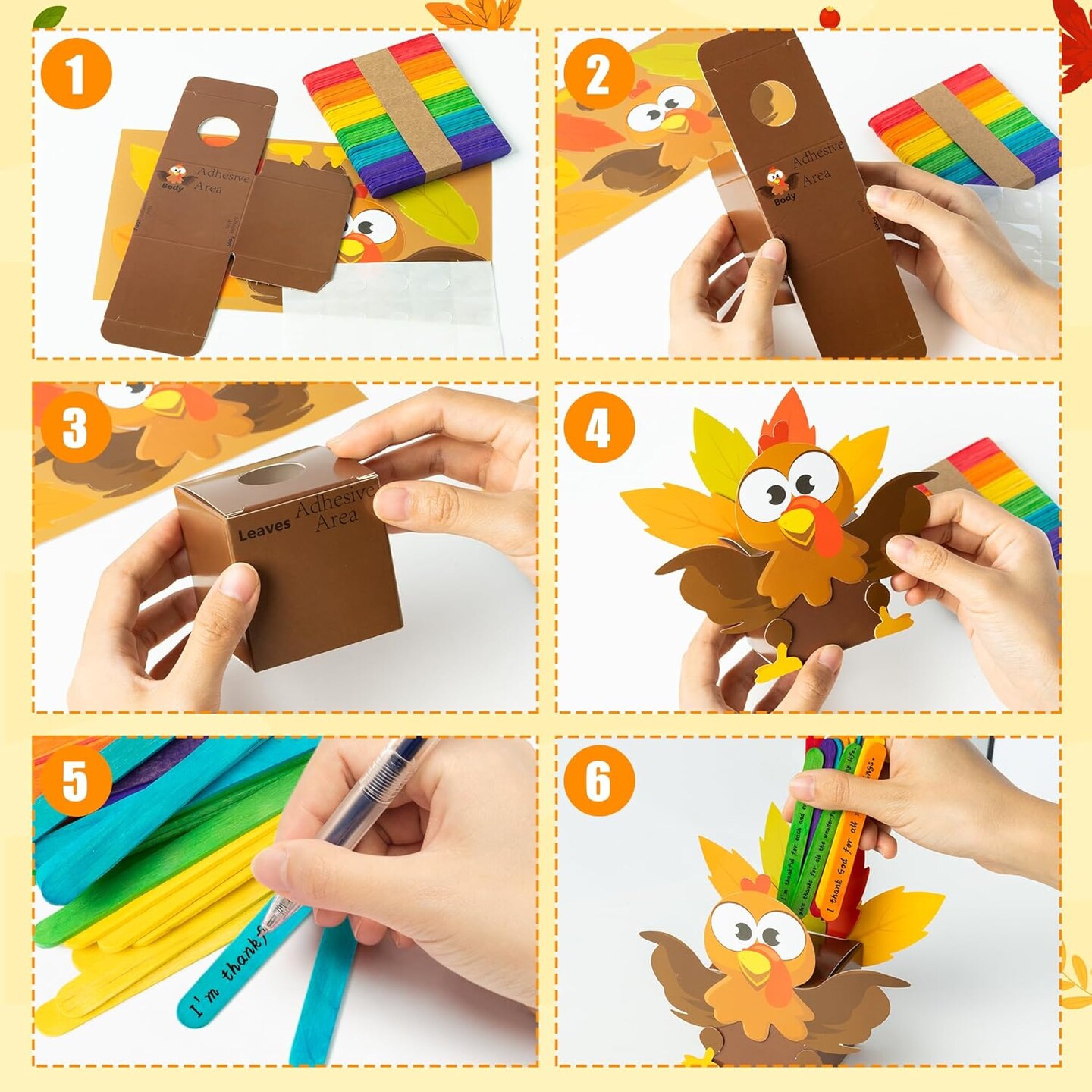 Fall Thankful Turkey Craft - 16Pcs Thankful Turkey Jar Craft Kit DIY Religious Turkey Prayer Jar with Popsicle Stick Thanksgiving Gratitude Turkey Box Paper Craft School Fun Activities for Kids