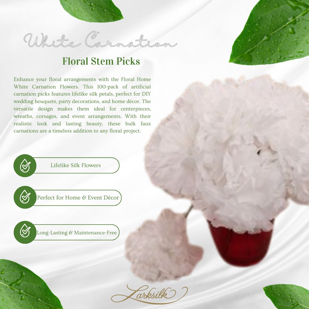 Floral Home White Carnation Flowers, 100-Pack, Artificial Carnation Picks, Silk Fake Carnations, Bulk, for DIY Wedding, Bouquets, Party, &#x26; Event, Home Decor, Floral Home by Artificial Flowers