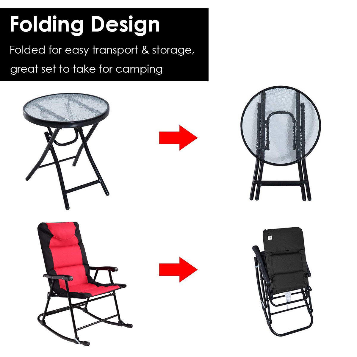 Costway 3 PCS Outdoor Folding Rocking Chair Table Set Bistro Sets Patio Furniture Red