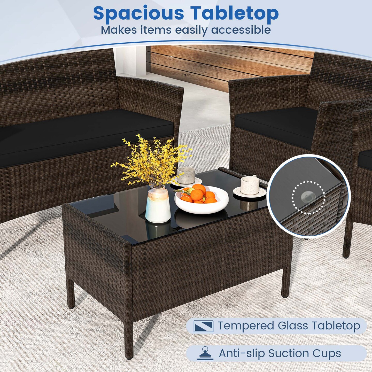 Costway 4 PCS Patio Furniture Set with Washable Cushions and Tempered Glass Coffee Table Beige/Black/Navy/Grey/Turquoise/Red/Blue/Orange