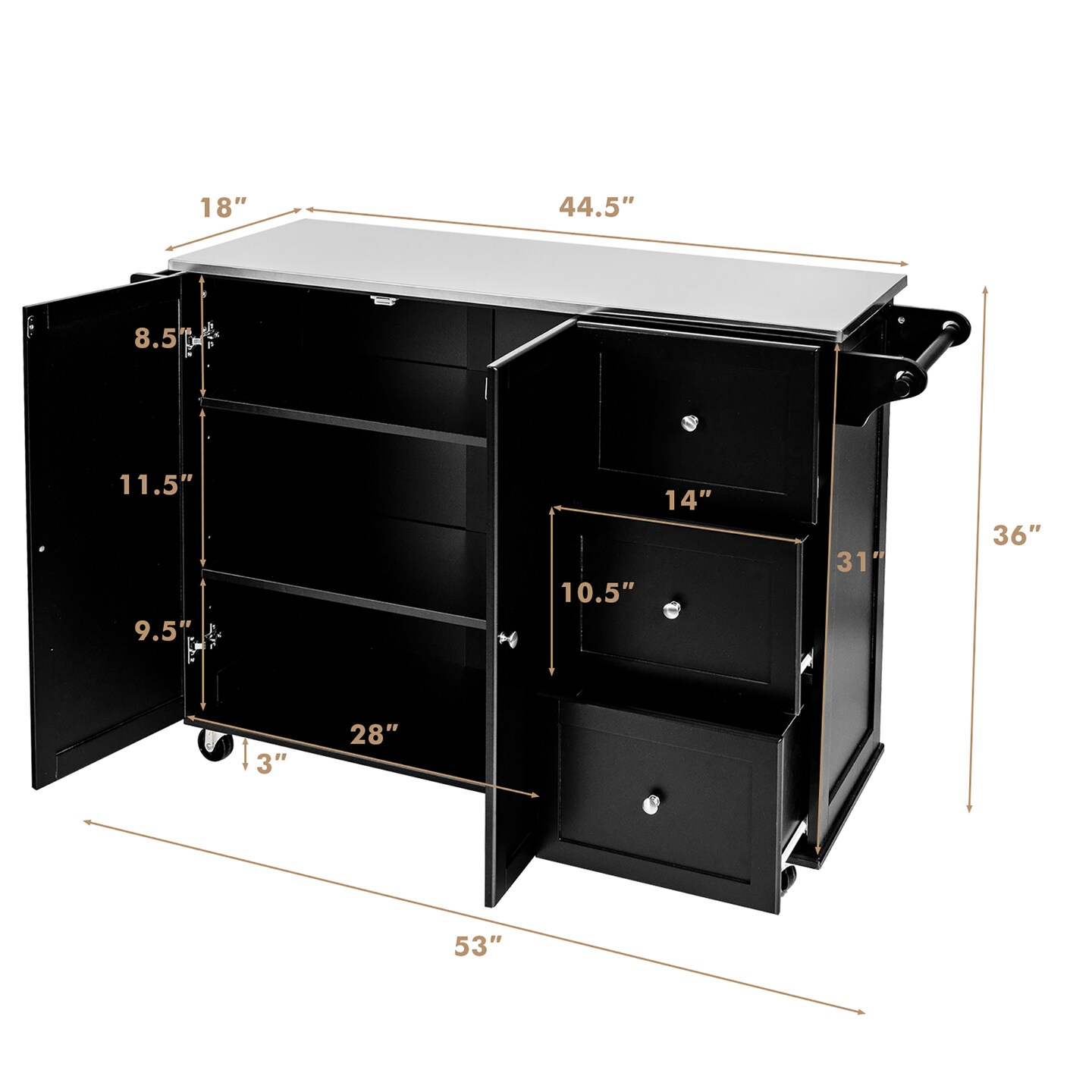 Costway Kitchen Island 2-Door Storage Cabinet Stainless Steel Top w/ Drawers