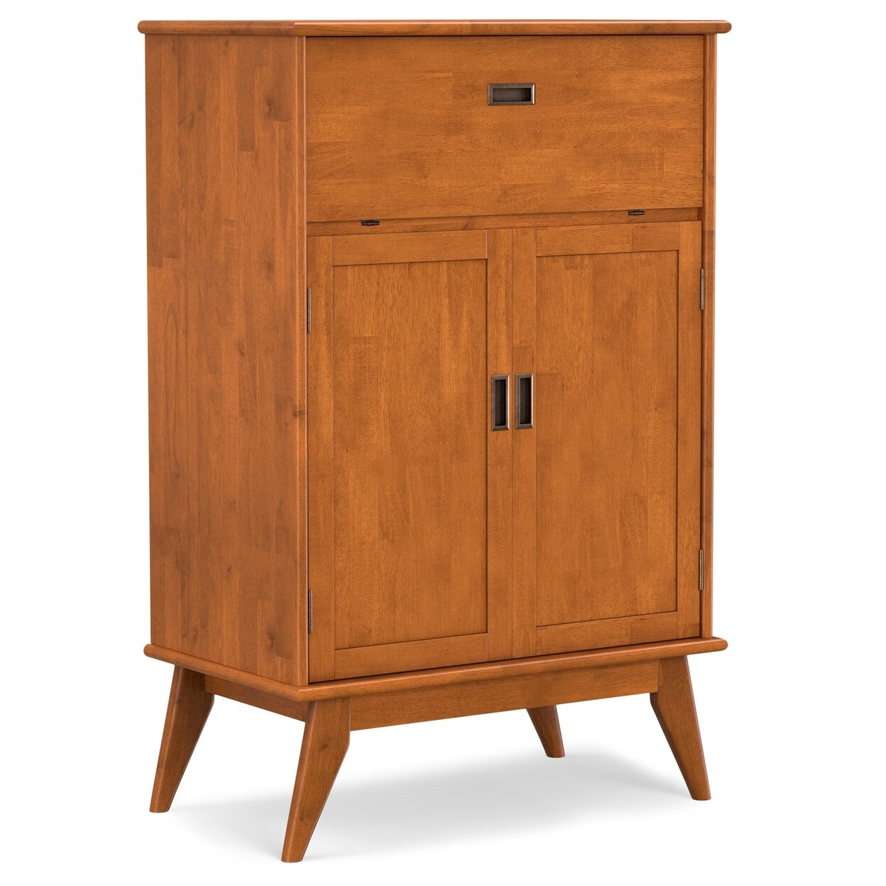 Draper Mid Century Bar Cabinet Solid Rubber Wood With Wine Rack And Shelves