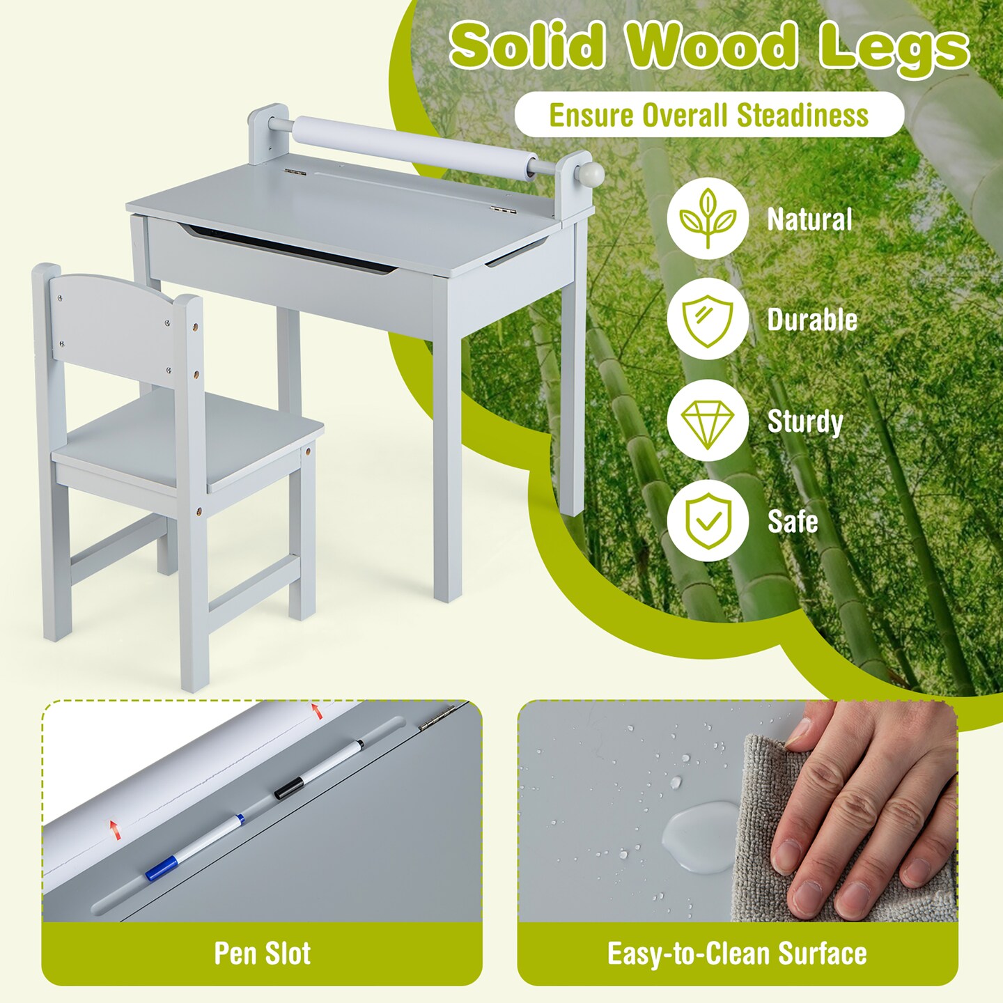 Costway Toddler Craft Table &#x26; Chair Set Kids Art Crafts Table withPaper Roll Holder Grey/White