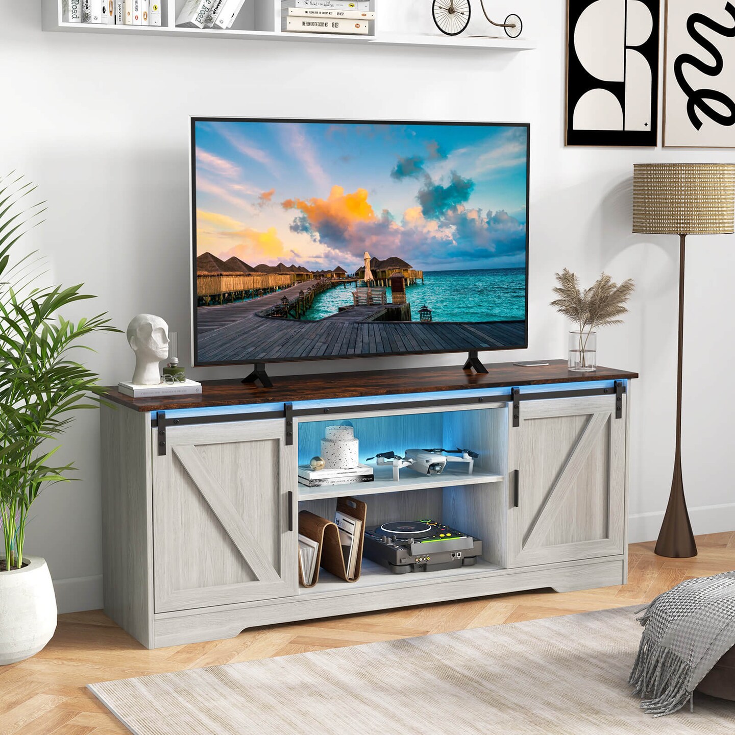 Costway TV Stand for 65&#x201D; TVs with LED Lights Adjustable Brightness Human Induction Brushed White/Grey