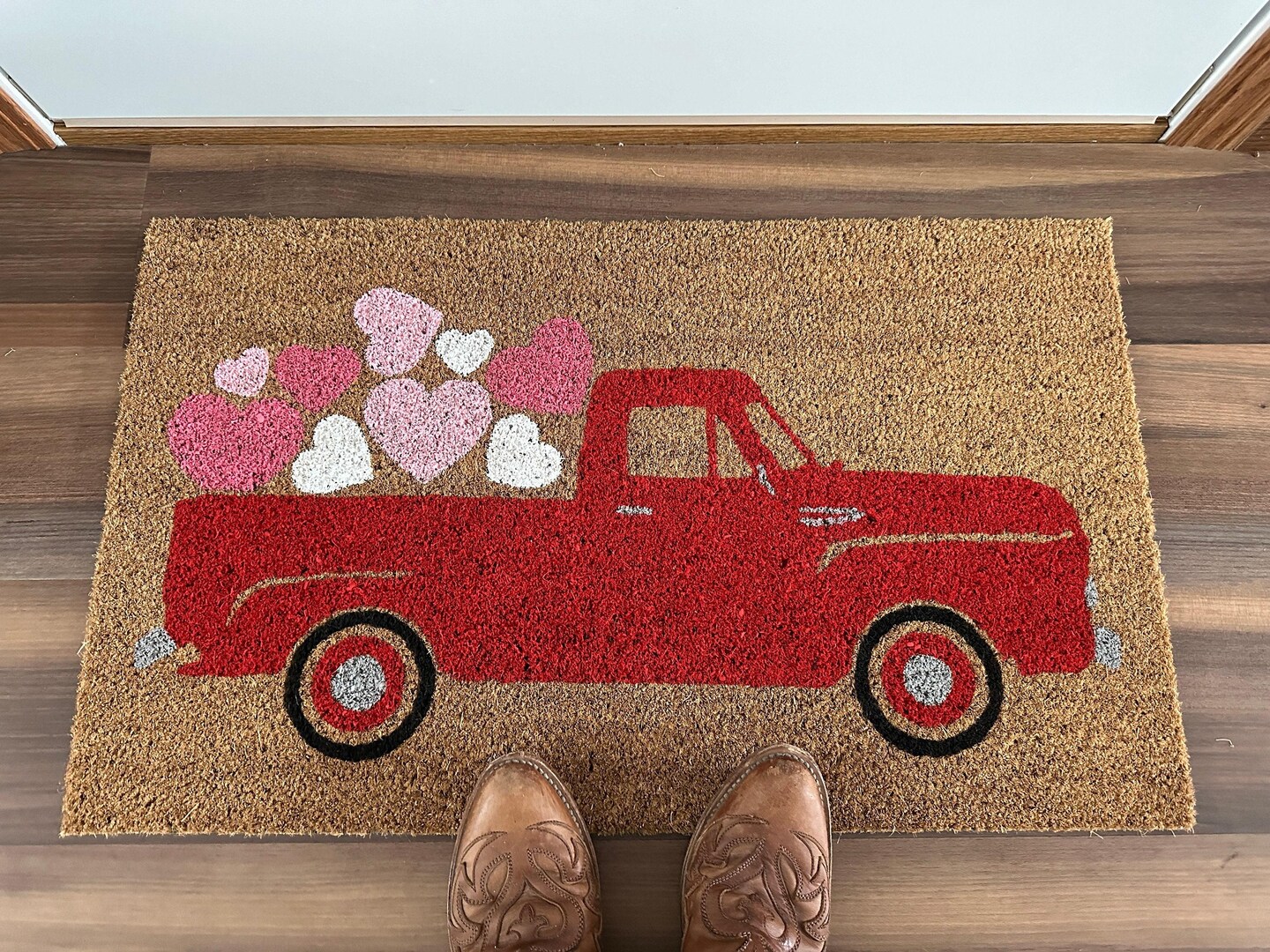 Red Truck with Hearts Valentine's Outdoor Coir Door Mat