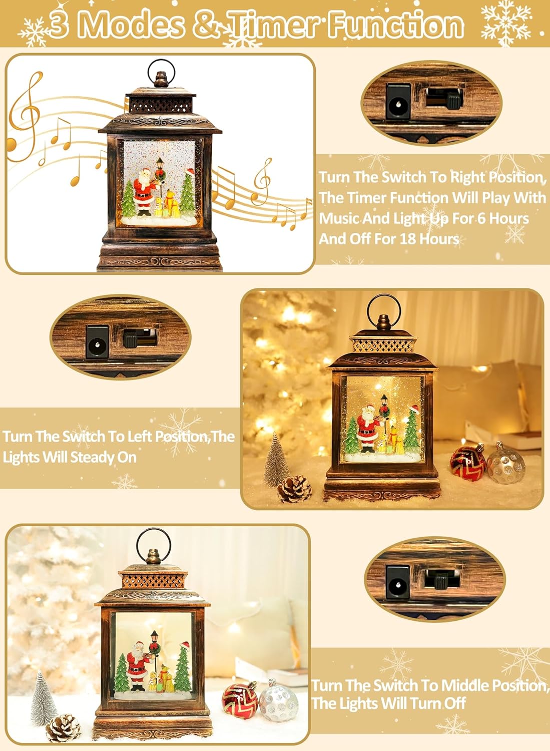 Christmas Snow Globe Lantern Musical Lighted with Timer, Santa Claus Water Lantern Glittering Holiday Decor Gift, Battery Operated &#x26; USB Glitter Lantern (Santa Claus and Christmas Tree)