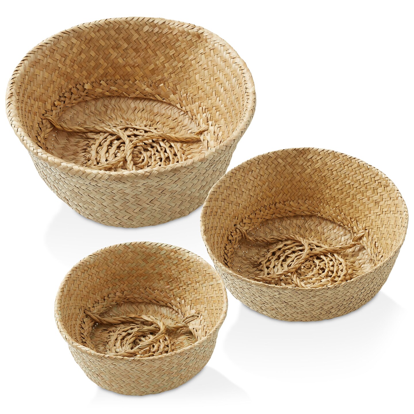 Casafield Seagrass Belly Baskets with Handles, Natural Woven Storage Basket Planters, Round Folding Bins for Home Decor, Indoor Plant Pot Covers