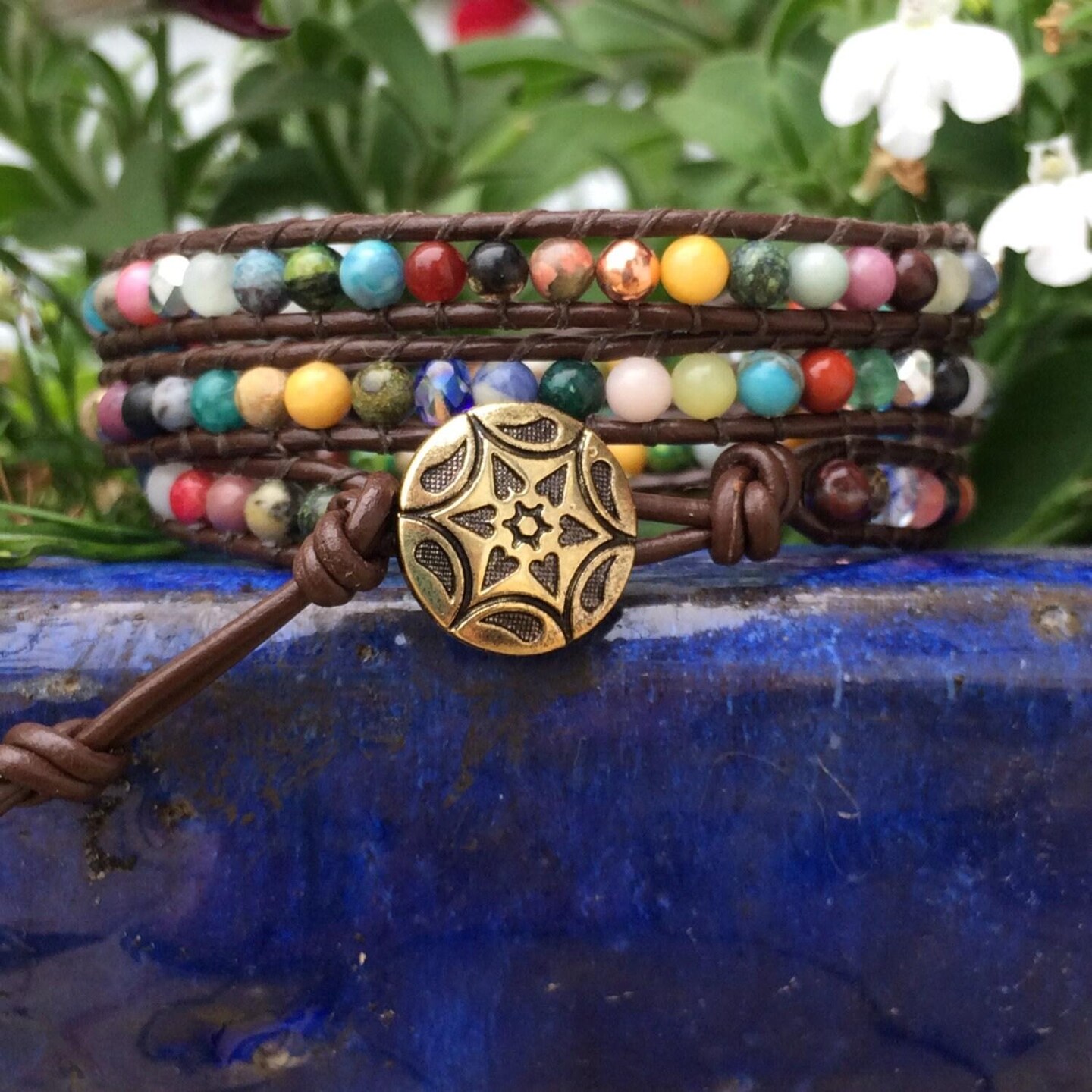 Womens BOHO Gemstone Wrap Beaded Leather Bracelet | MakerPlace by