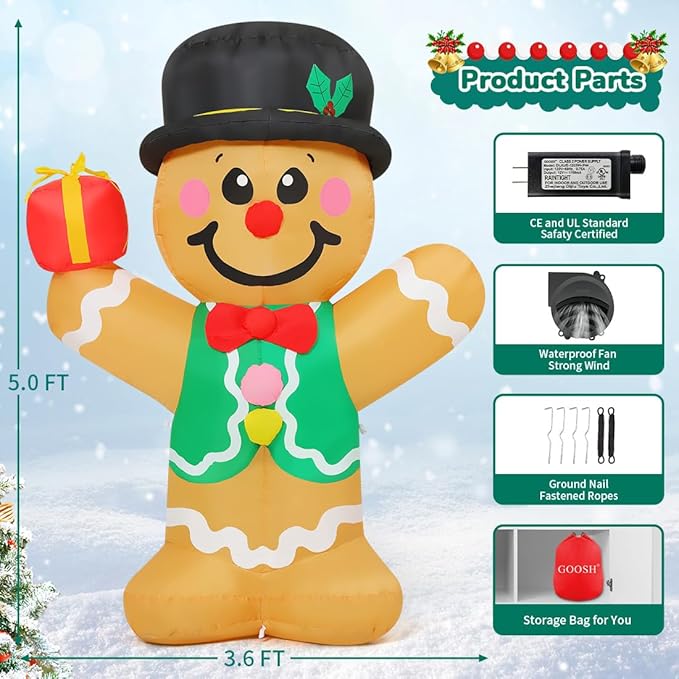 GOOSH 5 FT Christmas Inflatables Gingerbread Man with Built-in LEDs