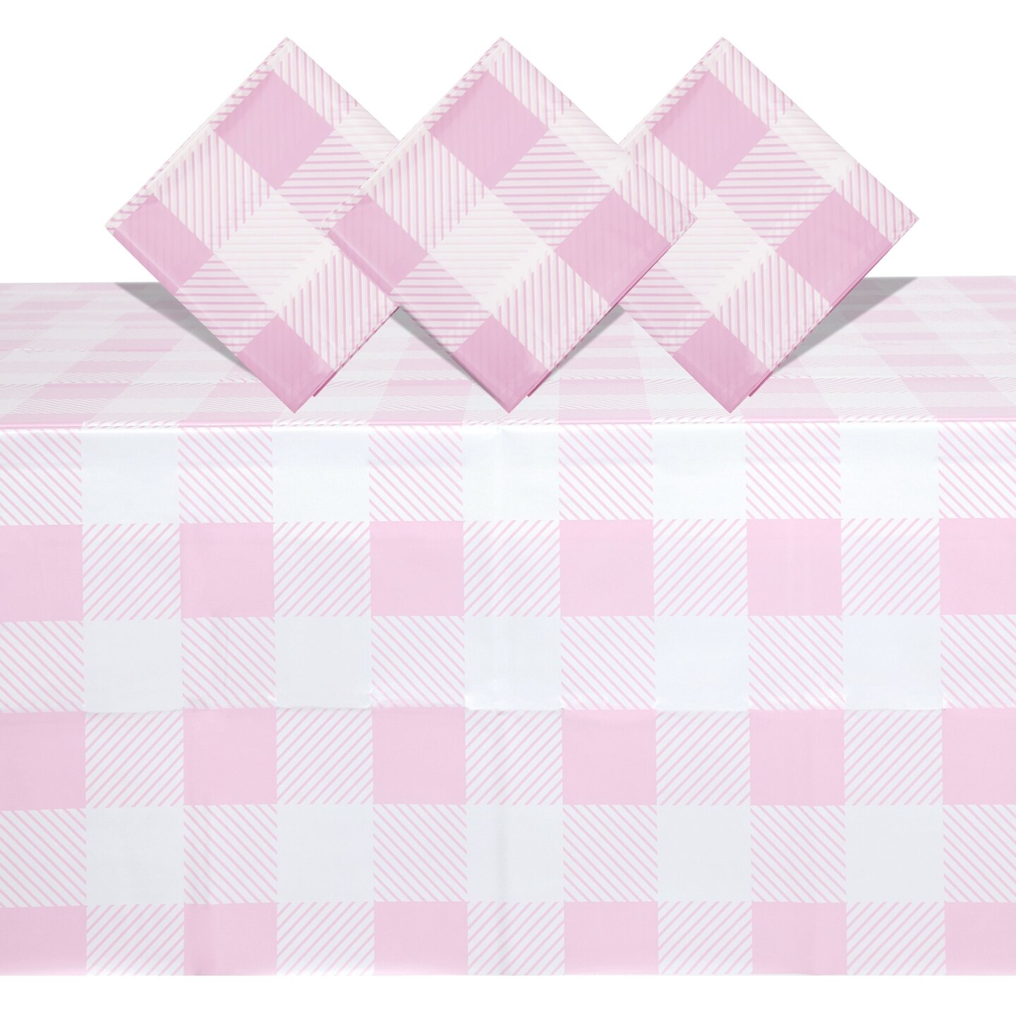 3 Pack White and Pink Plaid Tablecloth for Camping Birthday Party Supplies (5 x 9 Feet)