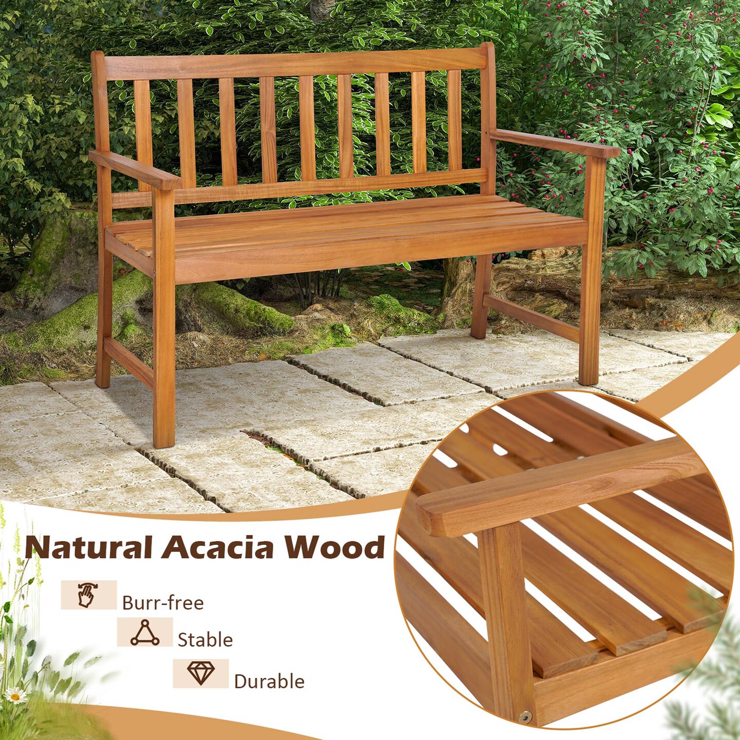 Costway 2-Person Slatted Bench Patio Acacia Wood Loveseat 800 Lbs Outdoor Natural