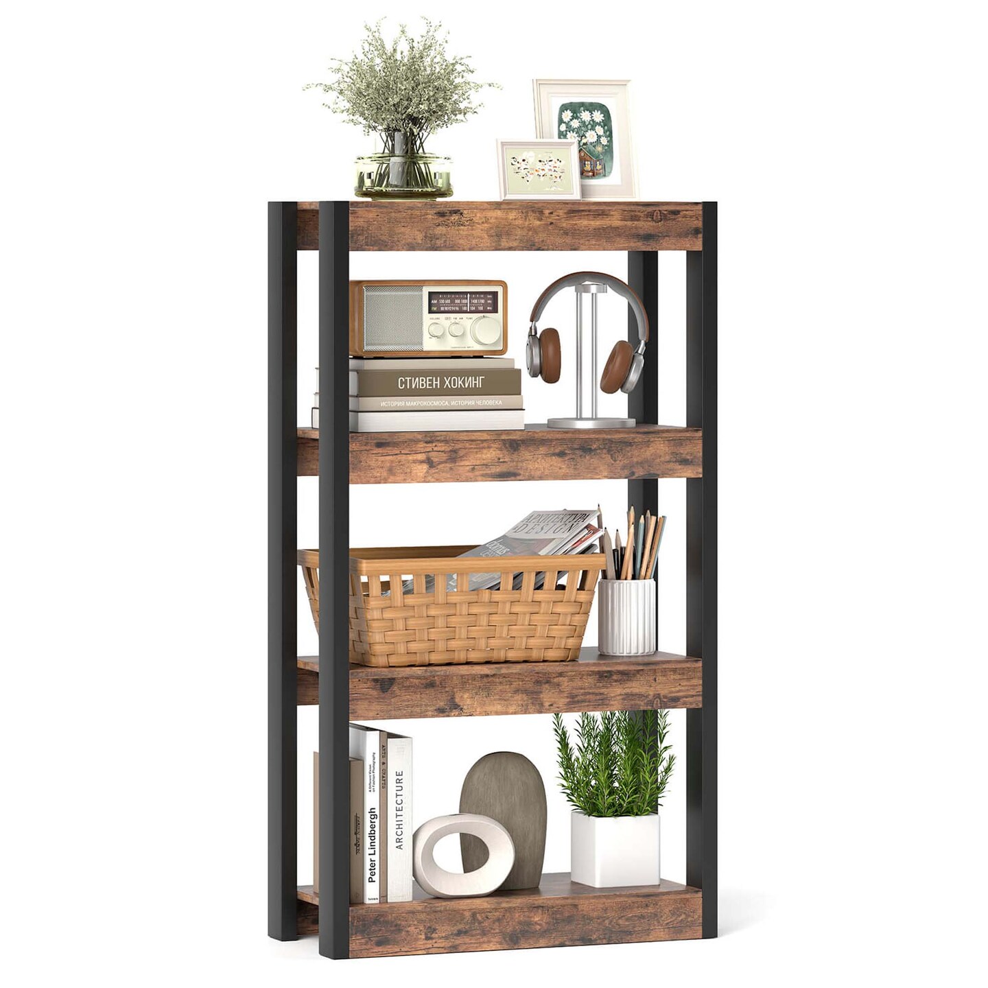 Costway 1/2 PCS 4 Tier Bookshelf Wooden Bookcase with Dual Anti-Tipping Kits Open Shelving Unit Natural/Brown