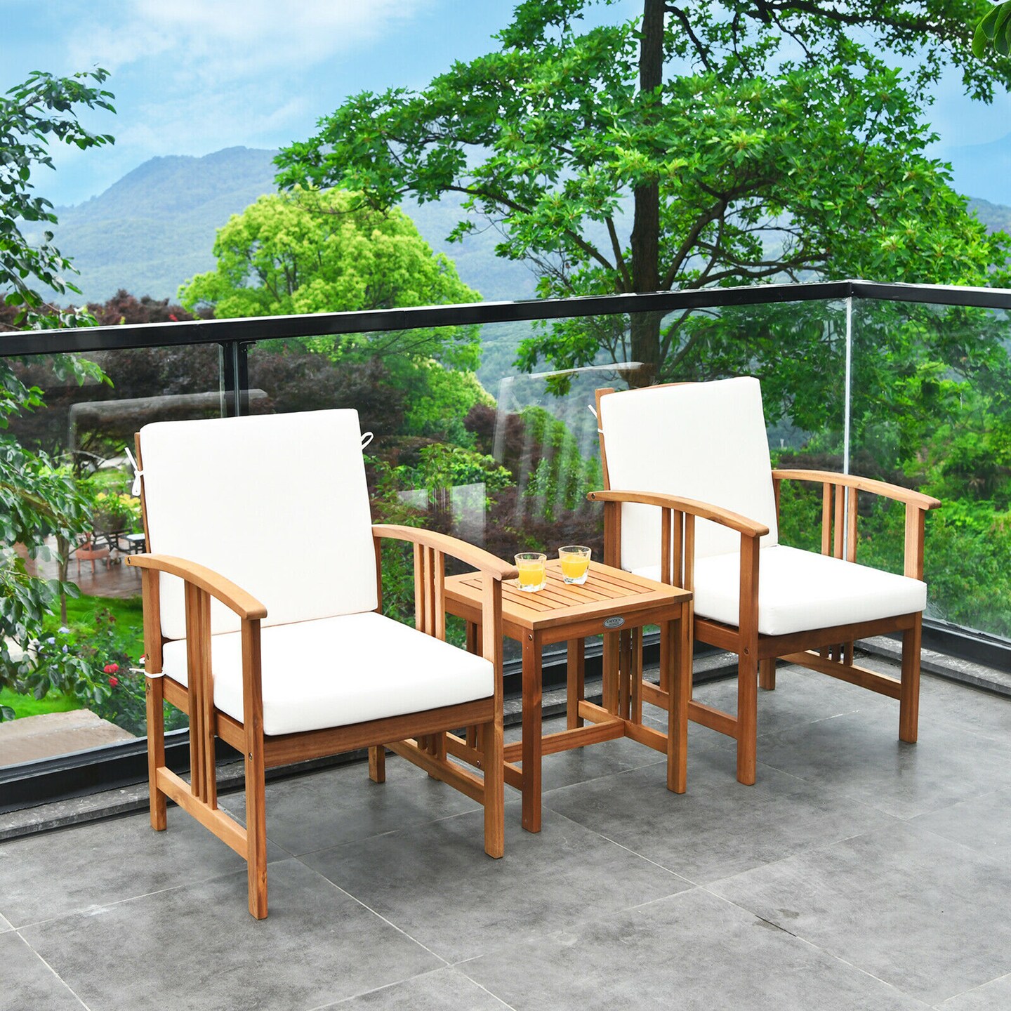 Costway 3PC Outdoor Patio Sofa Furniture Set Solid Wood Cushioned Conversation Set White