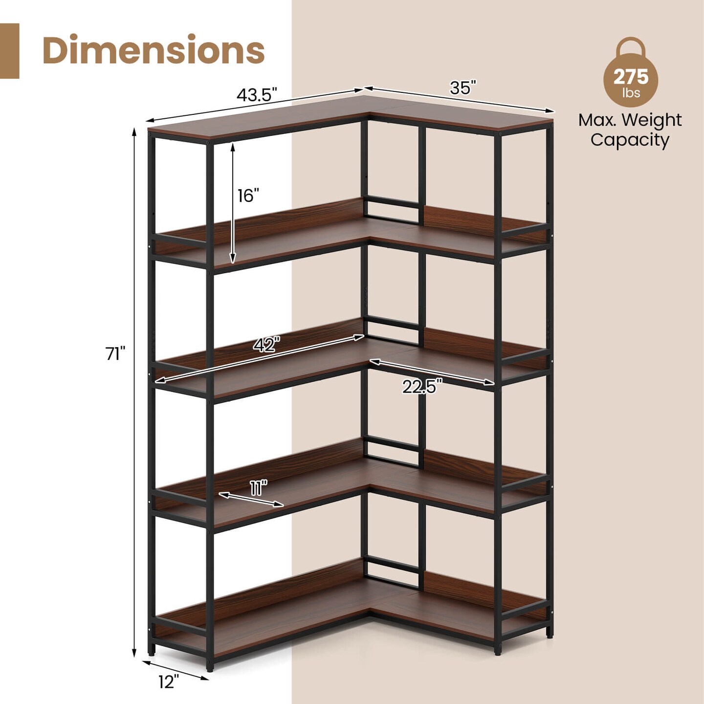 Costway Corner Bookshelf 5-Tier L-Shaped Bookcase 71