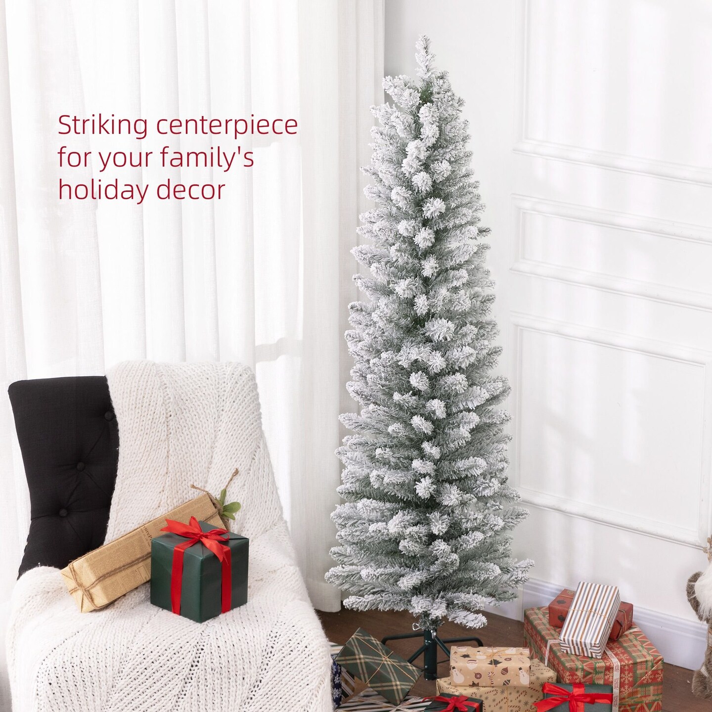 Edge Collections - 5' - White - Snow-Flocked Pencil Christmas Tree for Small Spaces - 1 Piece