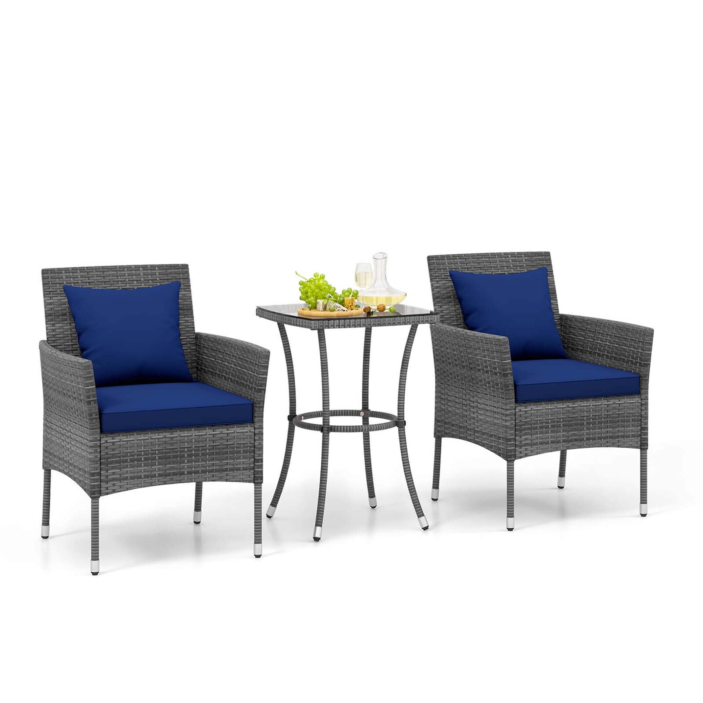 Costway 3 PCS Patio Furniture Set with Cushioned Patio Chairs & Tempered Glass Coffee Table Grey/Navy/White/Black