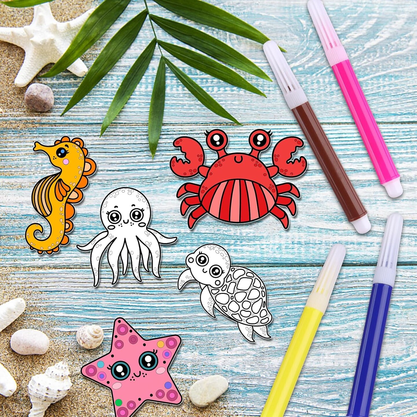 60 Set Ocean Animal Art Cards DIY Sea Animals Coloring Magnet Ornaments with 24 Colored Pen Ocean Craft Kits for Kids Sea Coloring Craft Painting Card for School Art Party Favors DIY Crafts Home Decor