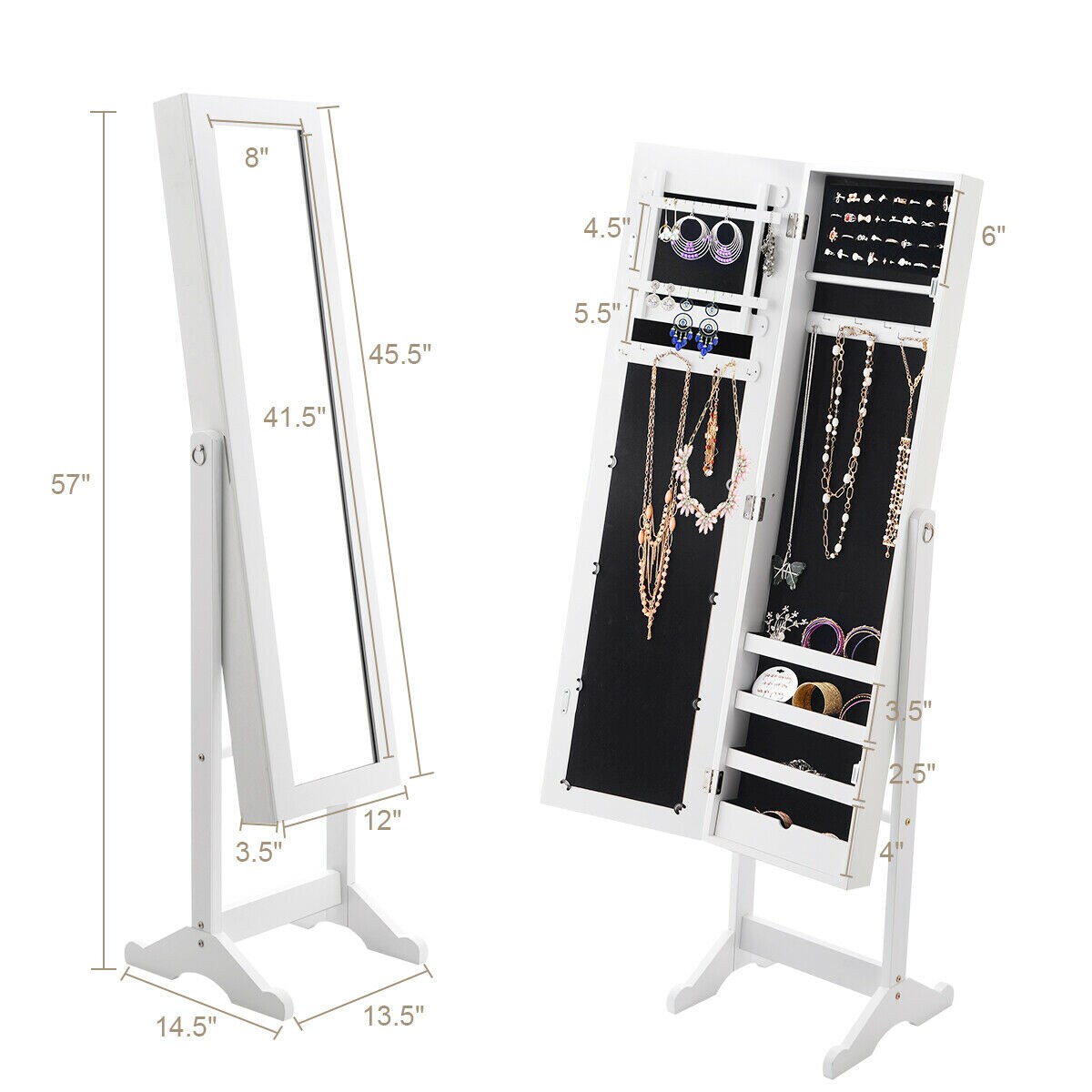 Costway Jewelry Mirrored Cabinet Armoire Organizer Storage Box with Stand Christmas Gift Black/White/Coffee/Brown