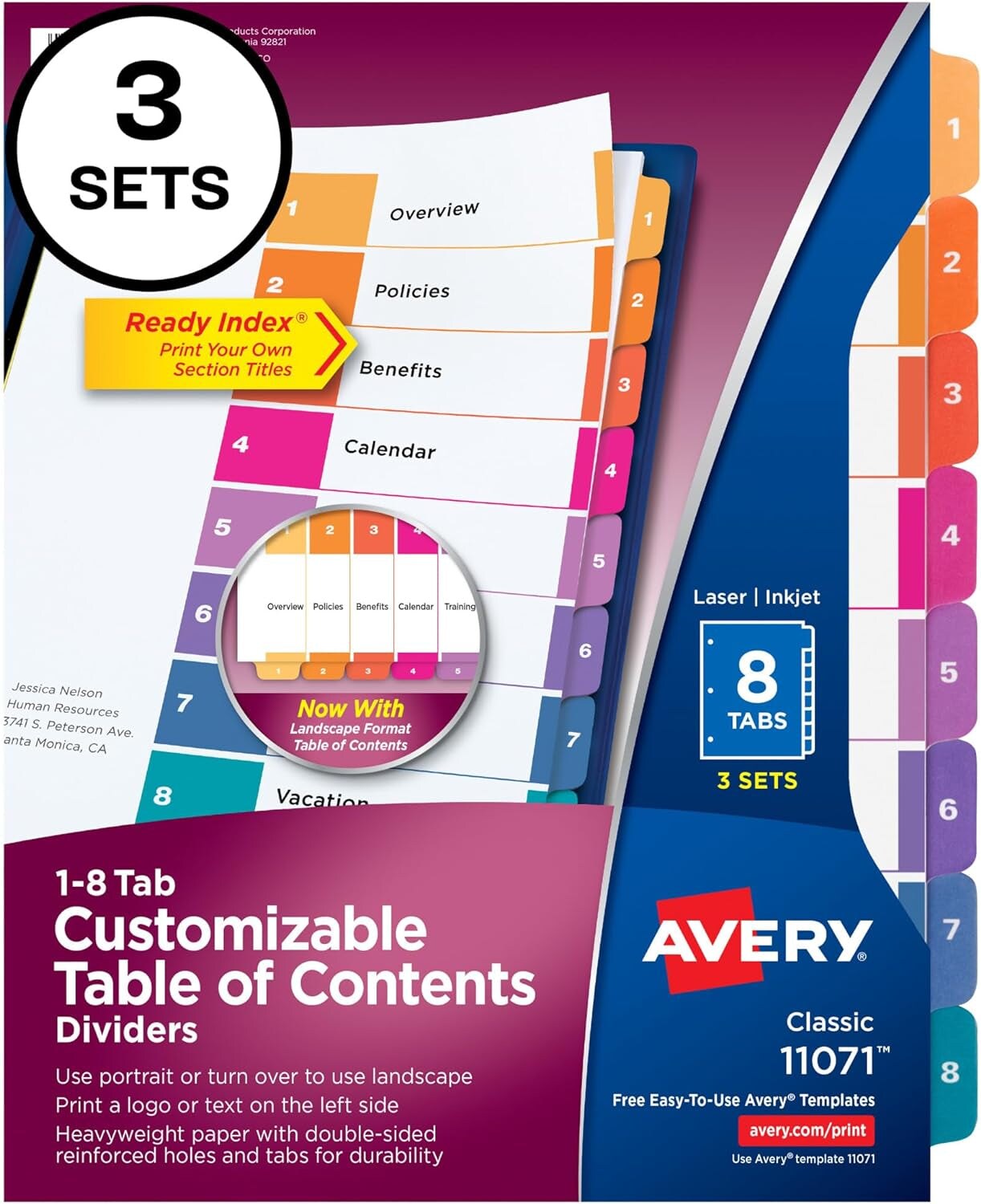 8 Tab Dividers for 3 Ring Binders, Customizable Table of Contents, Multicolor Tabs, 3 Sets (11071)