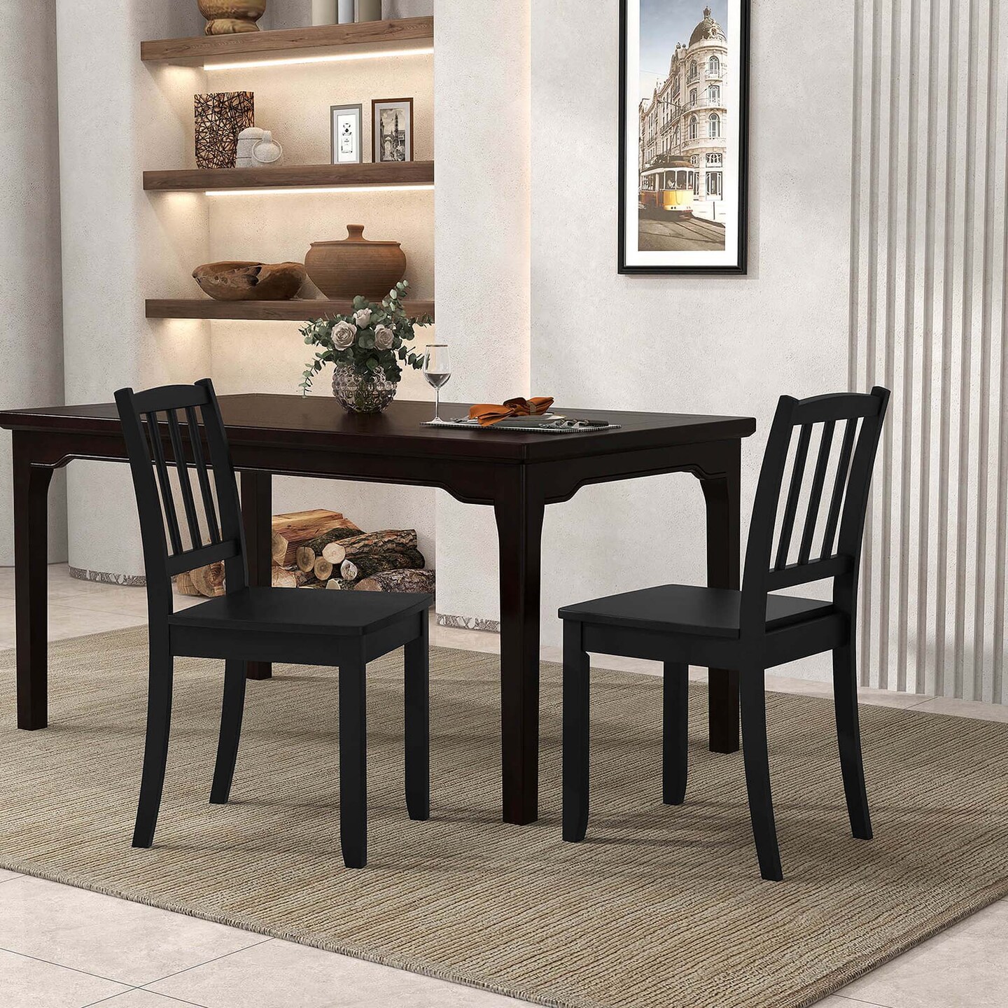 Costway Wood Dining Chair Set of 2 with Rubber Wood Legs Curved Backrest for Kitchen White/Black/Brown