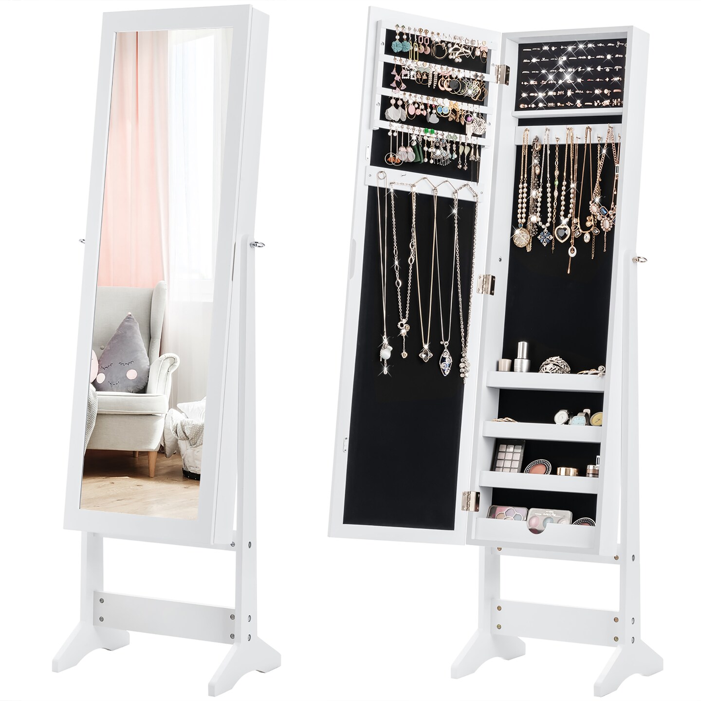 Costway Jewelry Mirrored Cabinet Armoire Organizer Storage Box with Stand Christmas Gift Black/White/Coffee/Brown