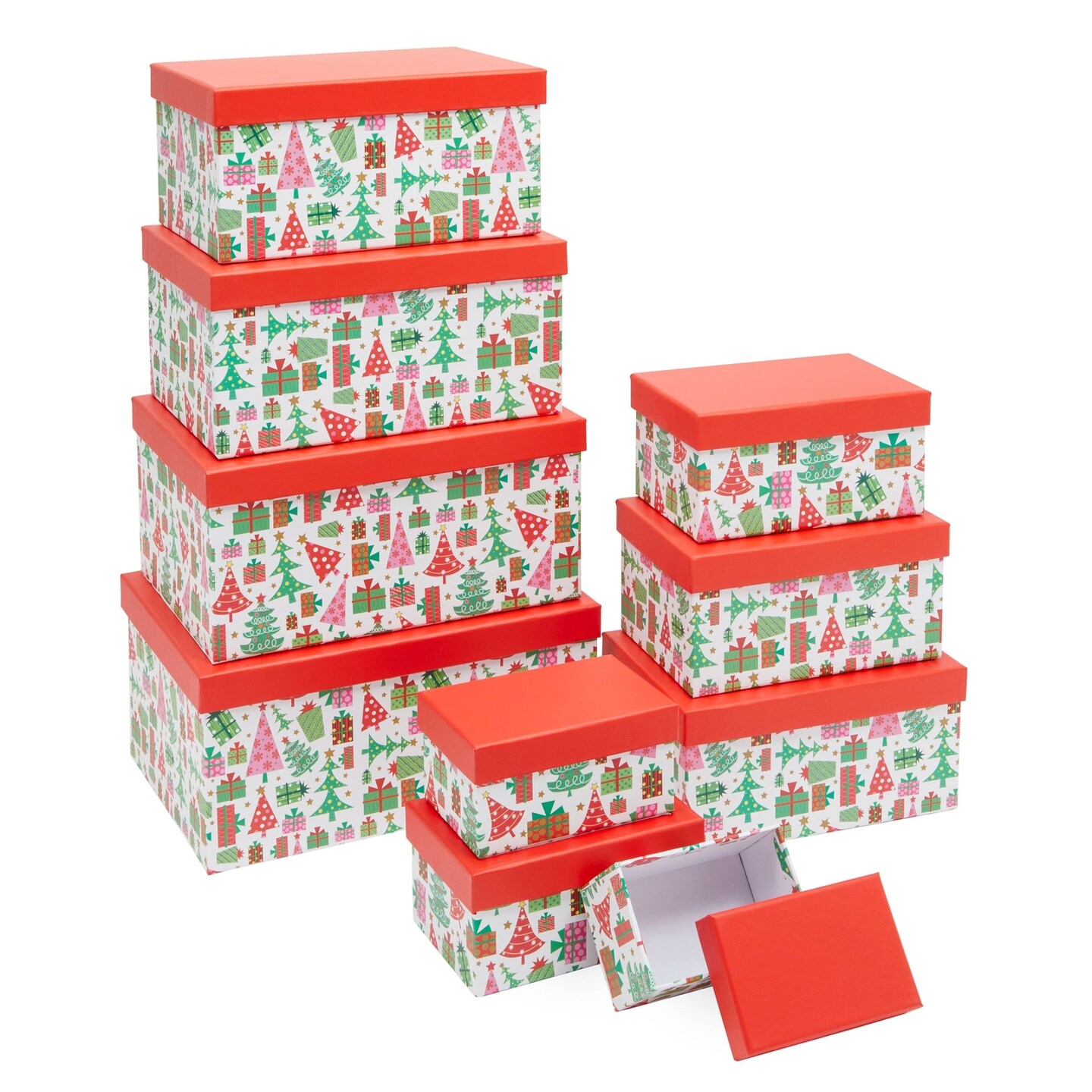 10 Pack Nesting Christmas Gift Boxes with Red Lids for Presents, Stackable Nested Holiday Gift Wrap (10 Sizes)