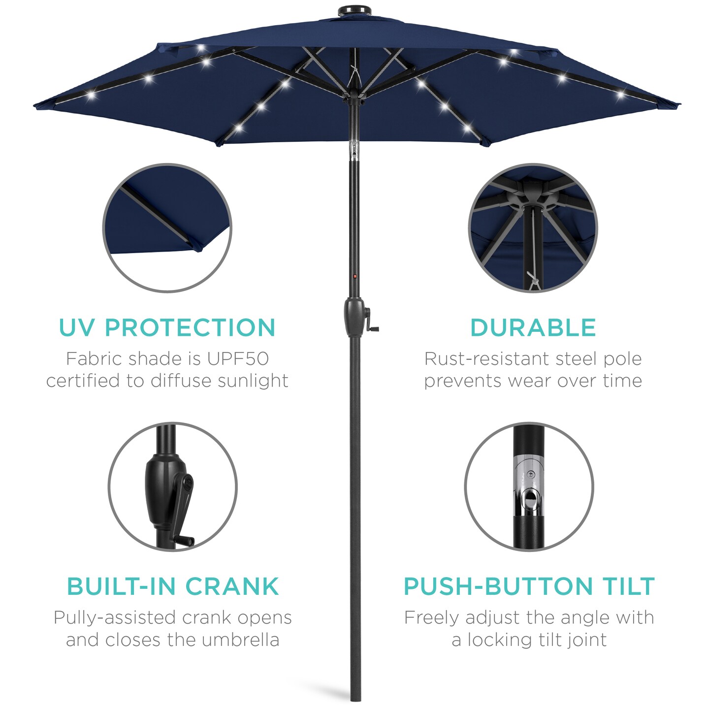 Best Choice Products 7.5ft Outdoor Solar Patio Umbrella for Deck, Pool w/ Tilt, Crank, LED Lights