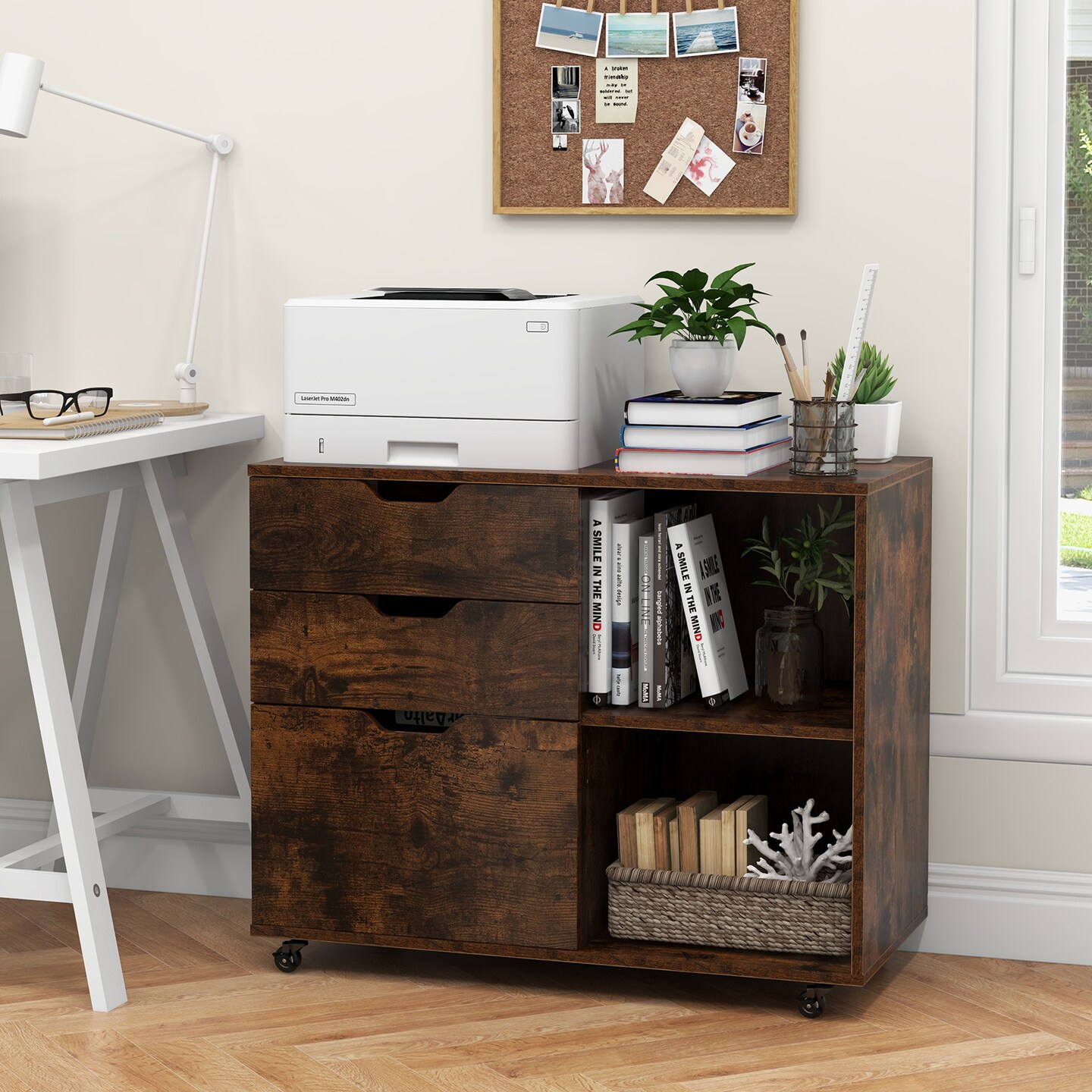 Modern Mobile File Storage Cabinet with Large Tabletop 3 Drawers and Smooth Rolling Wheels