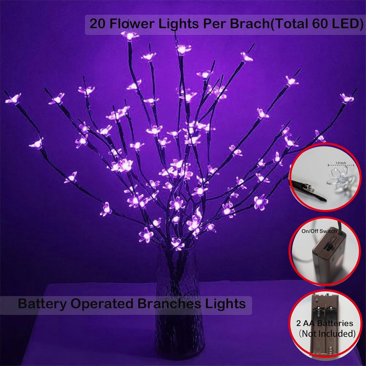 Battery Operated Branch Lights, 3 Pack 27.6&#x201D; 60 LED Lighted Decorative Artificial Cherry Blossom Twig Flower Lights for Vase Filler Decor Christmas Easter Room Indoor Lighting (Purple)