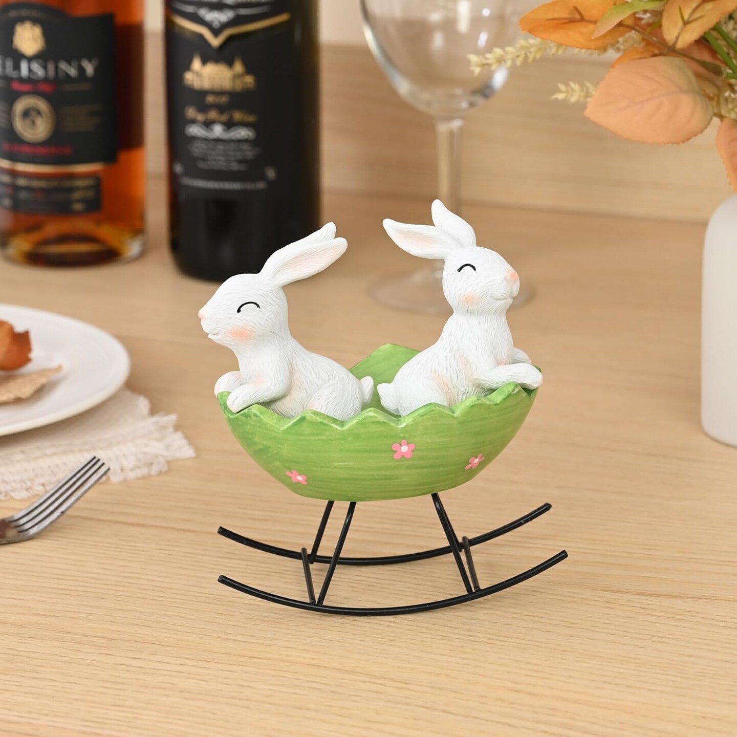 Easter Bunny Decor, White Resin Bunny Figurines Rocking in Egg Cradle, Cute Rabbit Decor for Spring Easter Decoration Vintage Rustic Bunnies Rabbit Statue