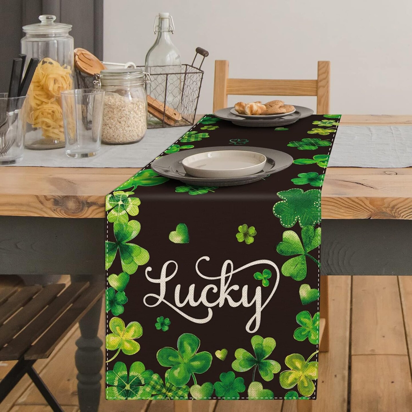 St. Patrick's Day Table Runner 13 x 72 Rectangle Green Black Shamrock Table Cover Watercolor Lucky Clover