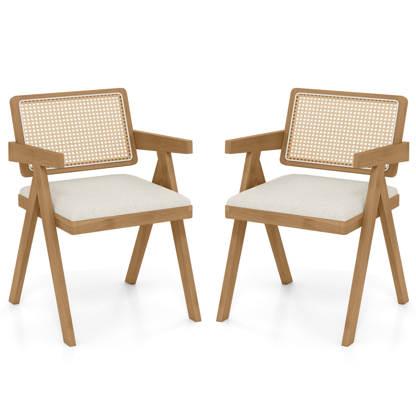 Set of 2 Rattan Accent Chairs with Padded Cushion & Rubber Wood Frame for Living Room