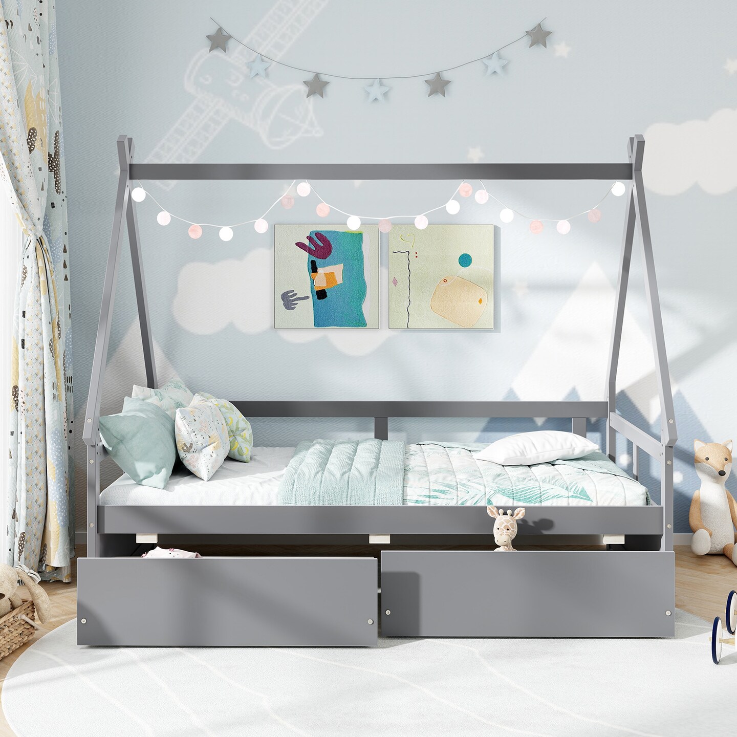 Twin Size House Bed with Roof and Safety Guardrail-Gray