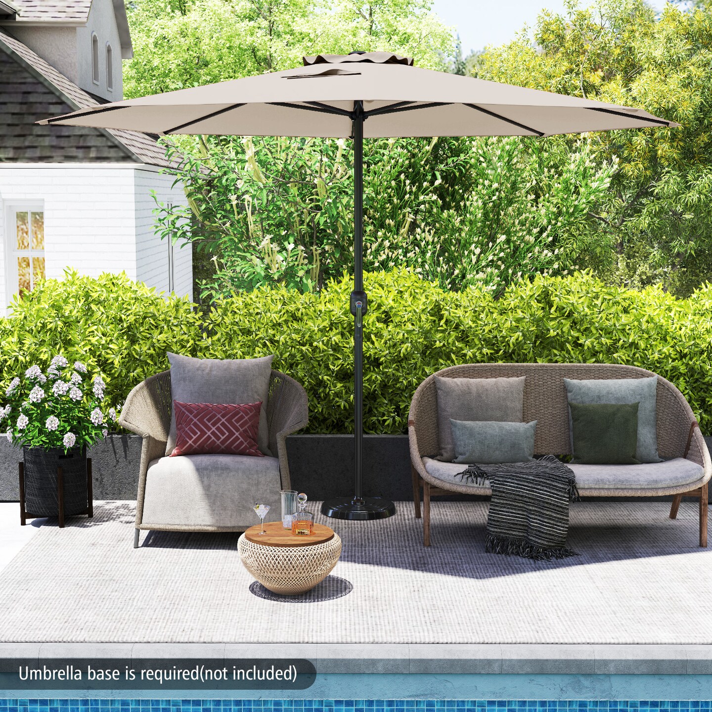 12 Feet Patio Umbrella, Fabric, Crank Handle, 8 Sturdy Ribs, Outdoor Shade for Garden & Deck