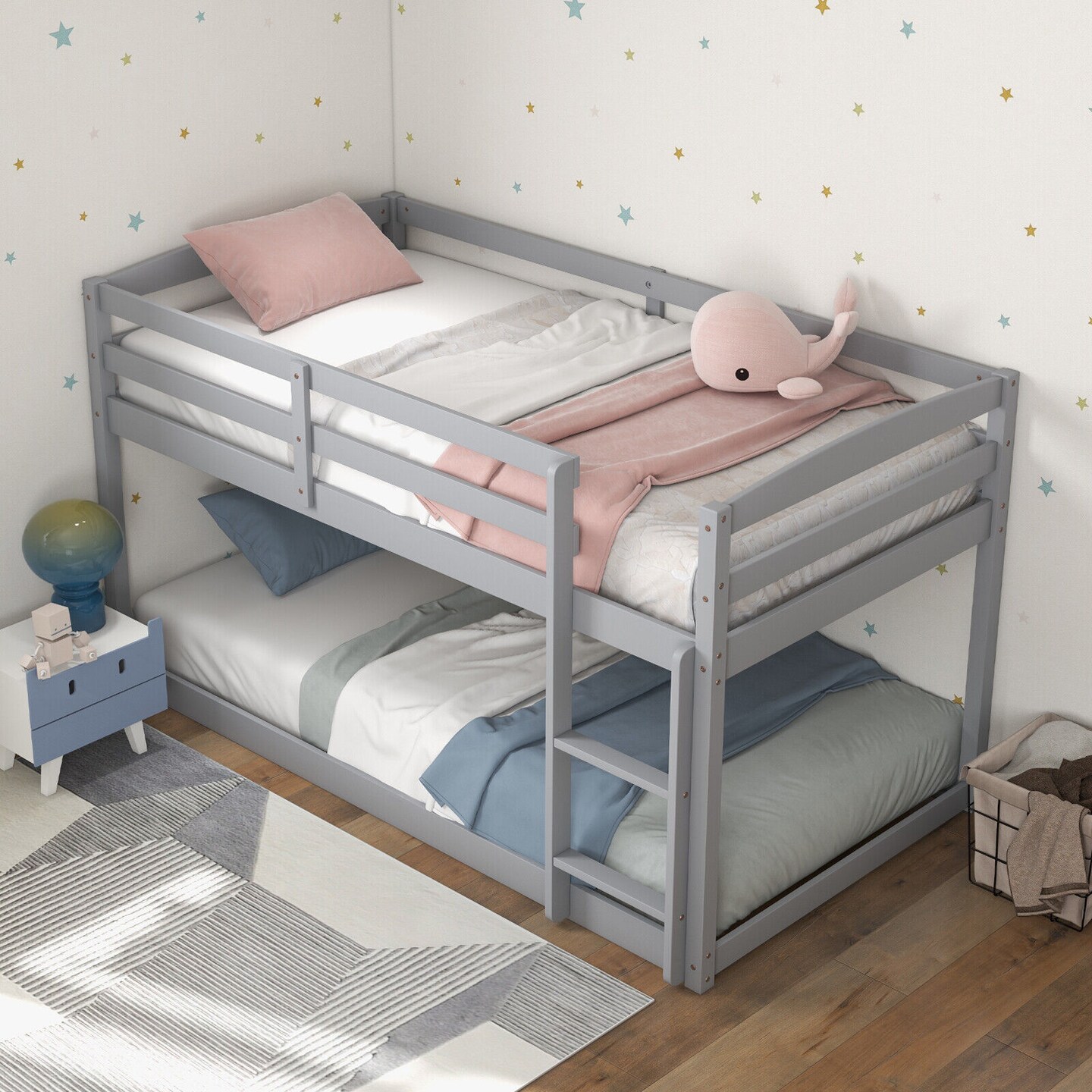 Metal Twin Size Bunk Bed with High Guardrails and Integrated Ladder for Safety and Easy Access