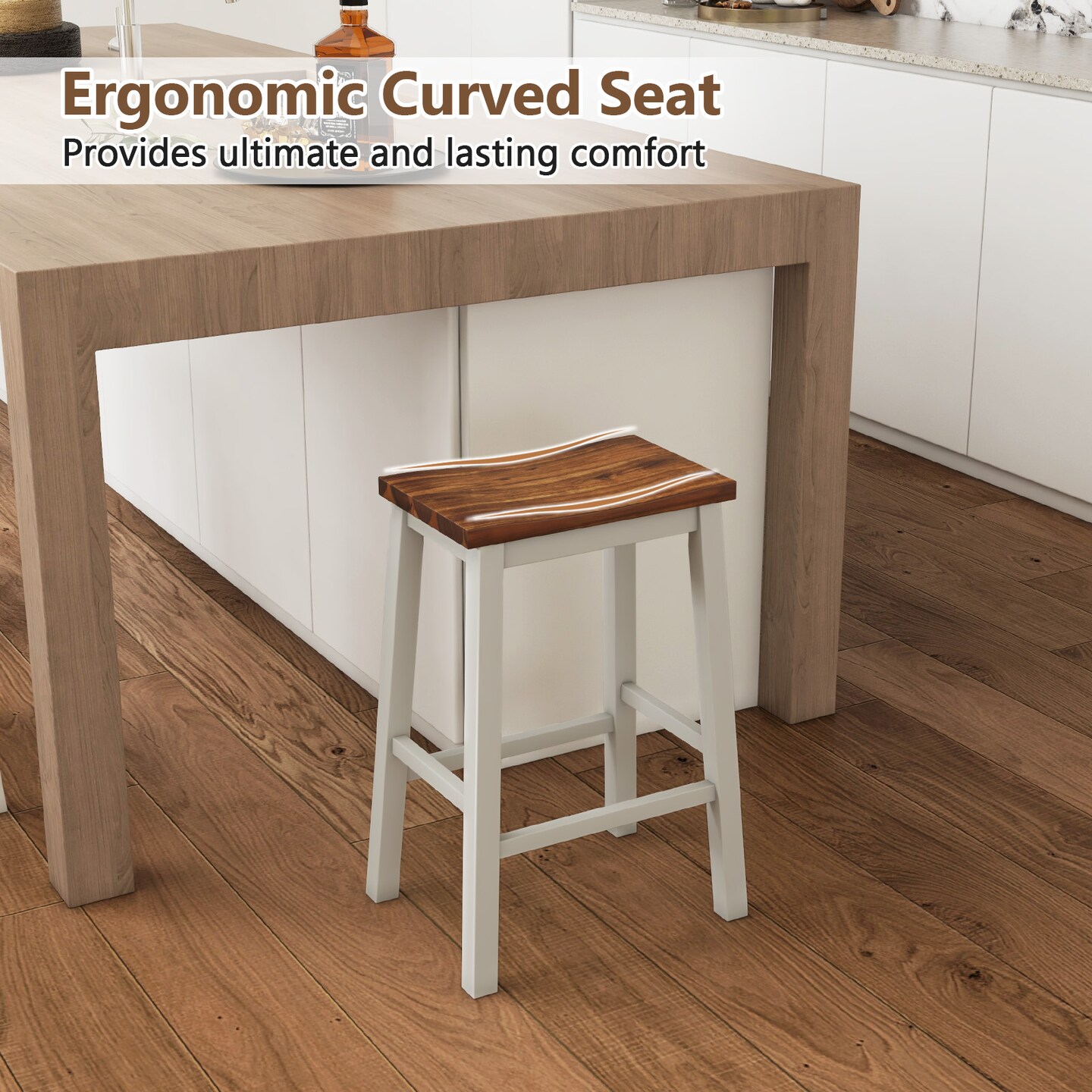 Rubber Wood Acacia Wood Saddle Bar Stools - Set of 2